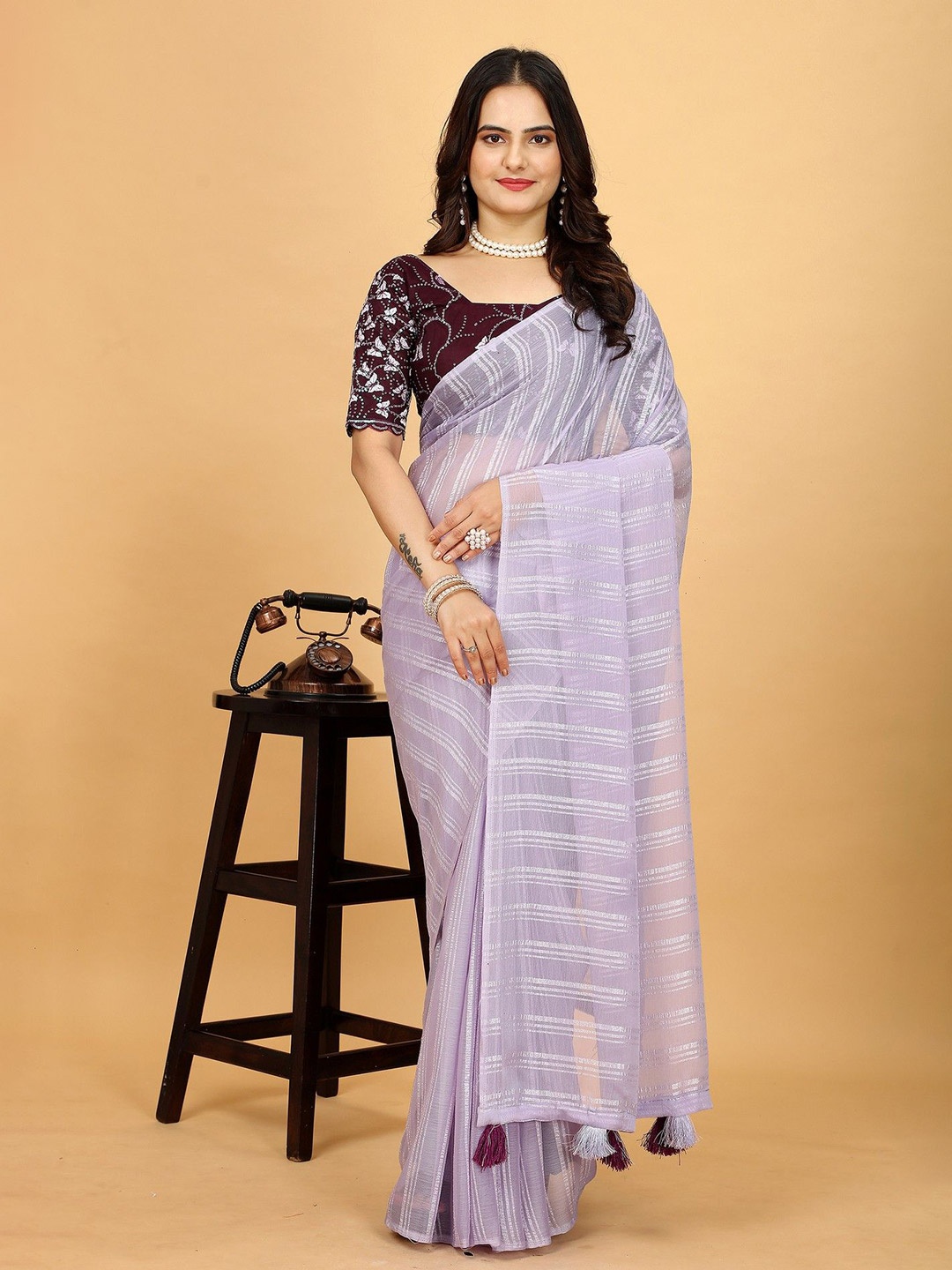 

K 5 Fashion Striped Embroidered Pure Chiffon Saree, Lavender