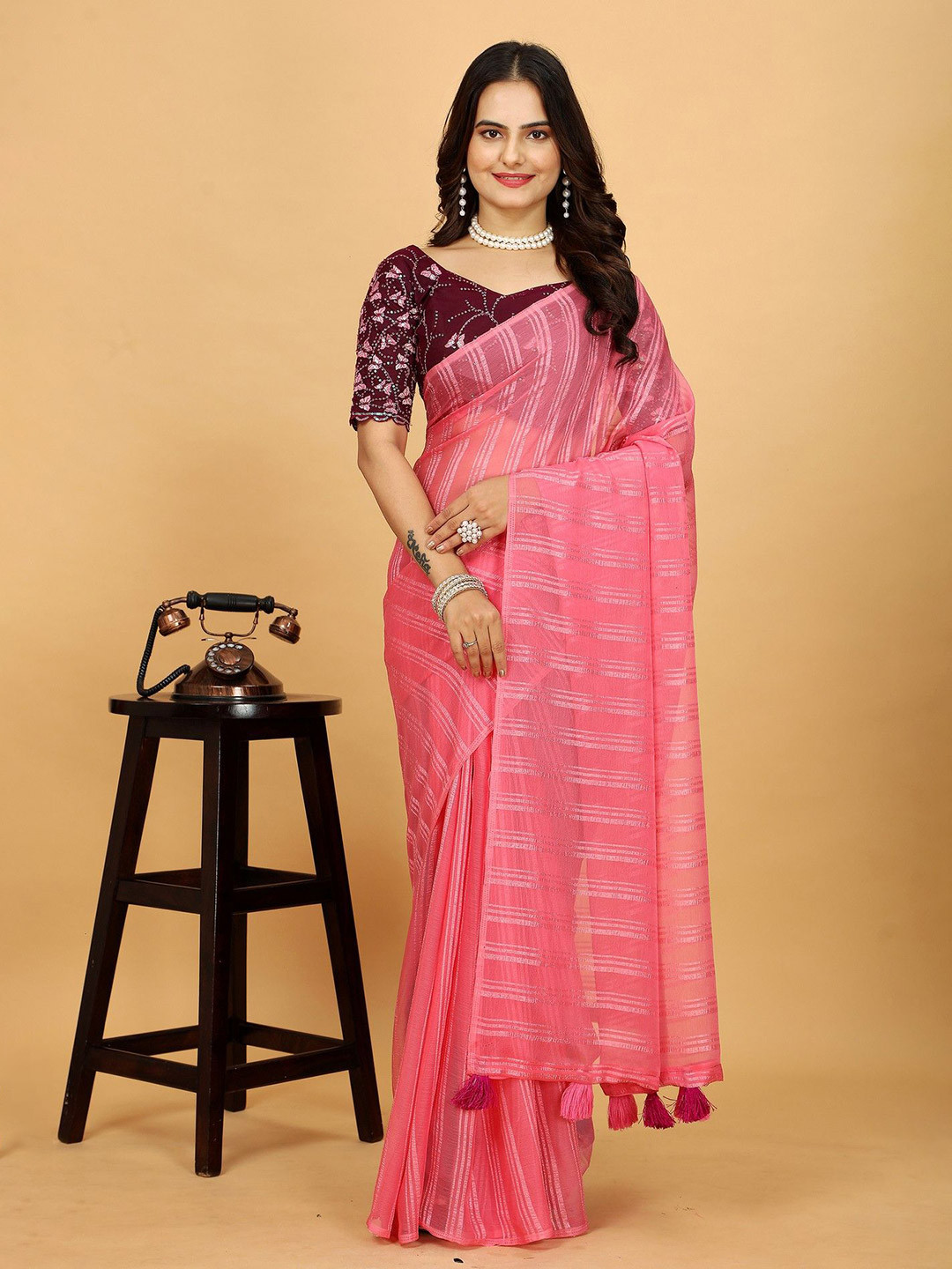 

K 5 Fashion Striped Pure Chiffon Saree, Peach