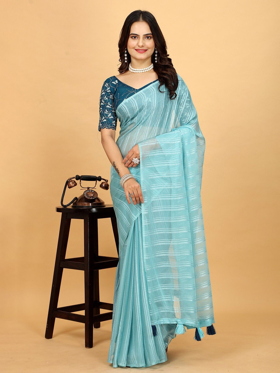 

K 5 Fashion Striped Pure Chiffon Saree, Blue