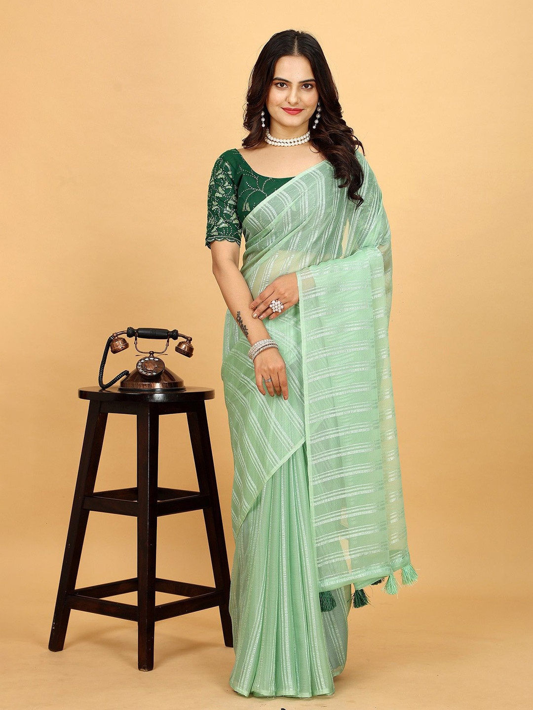 

K 5 Fashion Striped Pure Chiffon Saree, Sea green