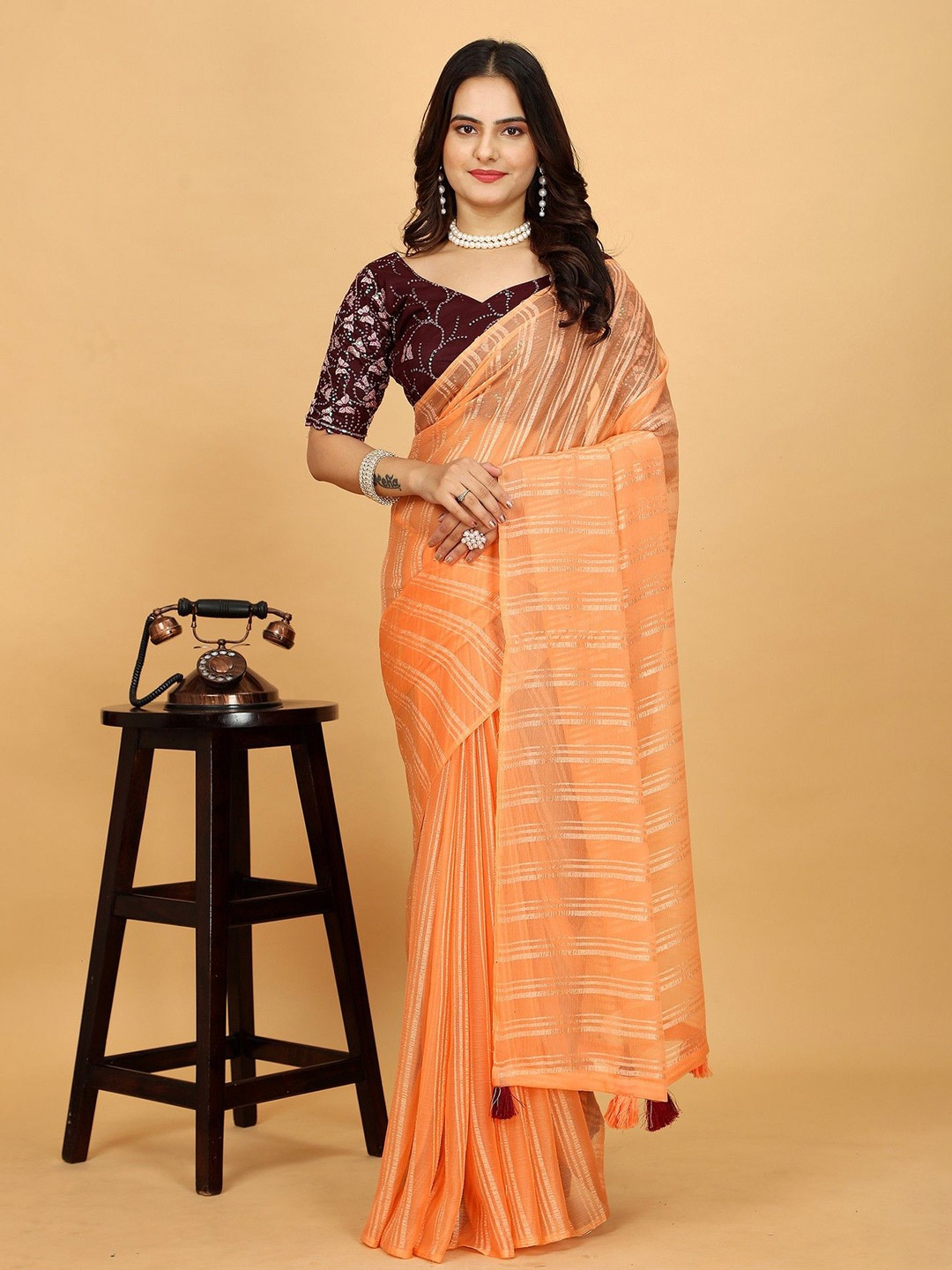 K 5 Fashion Striped Embroidered Pure Chiffon Saree, Orange