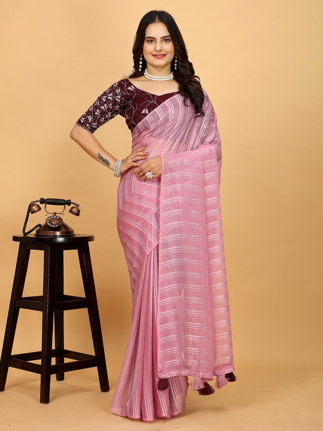 

K 5 Fashion Striped Embroidered Pure Chiffon Saree, Pink