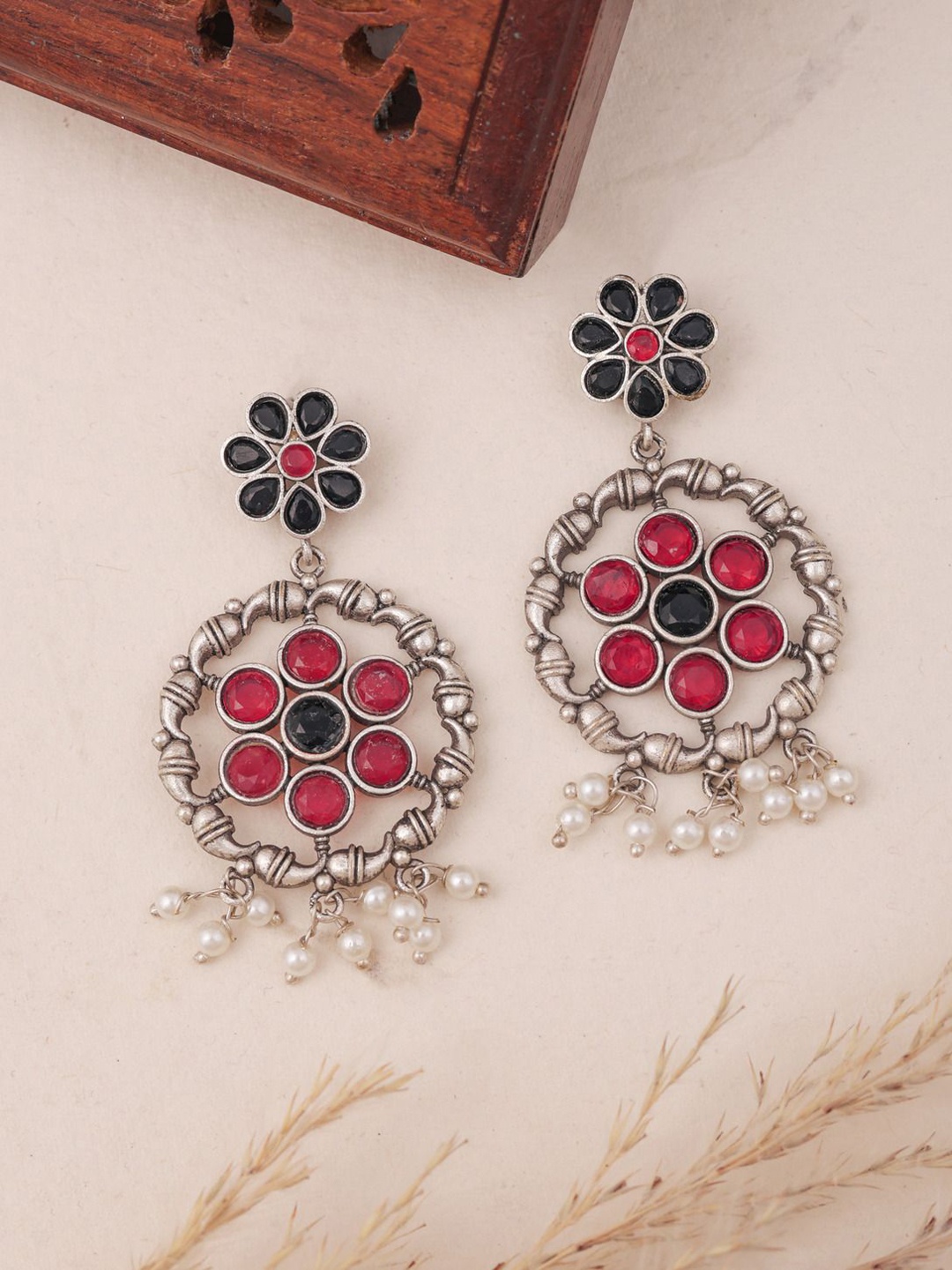 

TOS Brass-Plated Artificial Stone Studded And Pearls Beaded Floral Drop Earrings, Pink