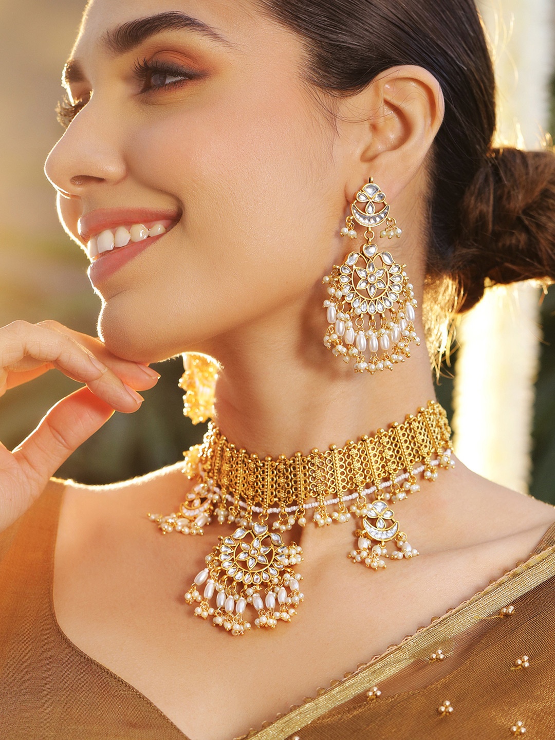 

Rubans 22K Gold-Plated Handcrafted Kundan Studded & White Pearl Beaded Bridal Jewelry Set