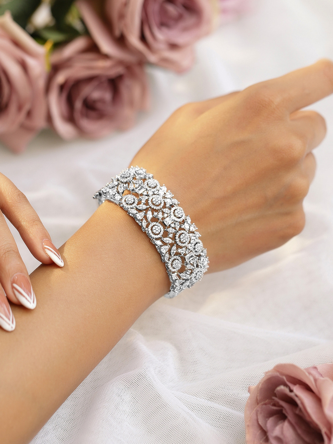 

Rubans Rhodium Plated Cubic Zirconia Cuff Bracelet, Silver