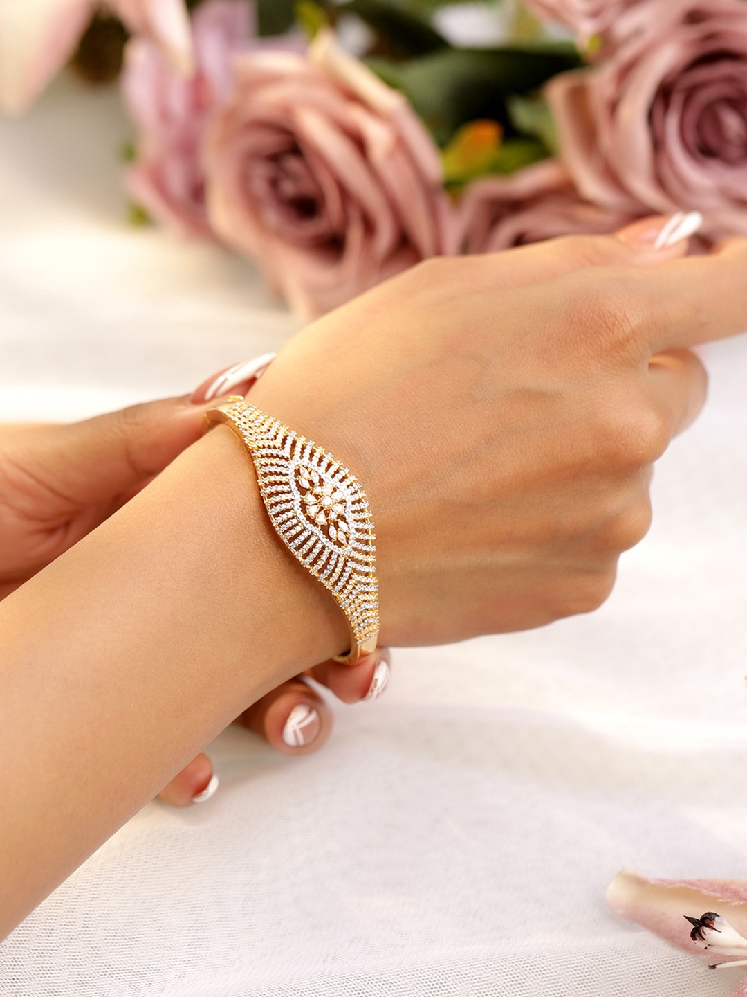 

Rubans 22K Gold Plated Cubic Zirconia Cuff Bracelet
