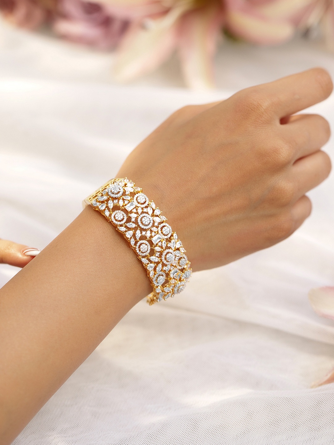 

Rubans 22K Gold Plated Cubic Zirconia Cuff Bracelet