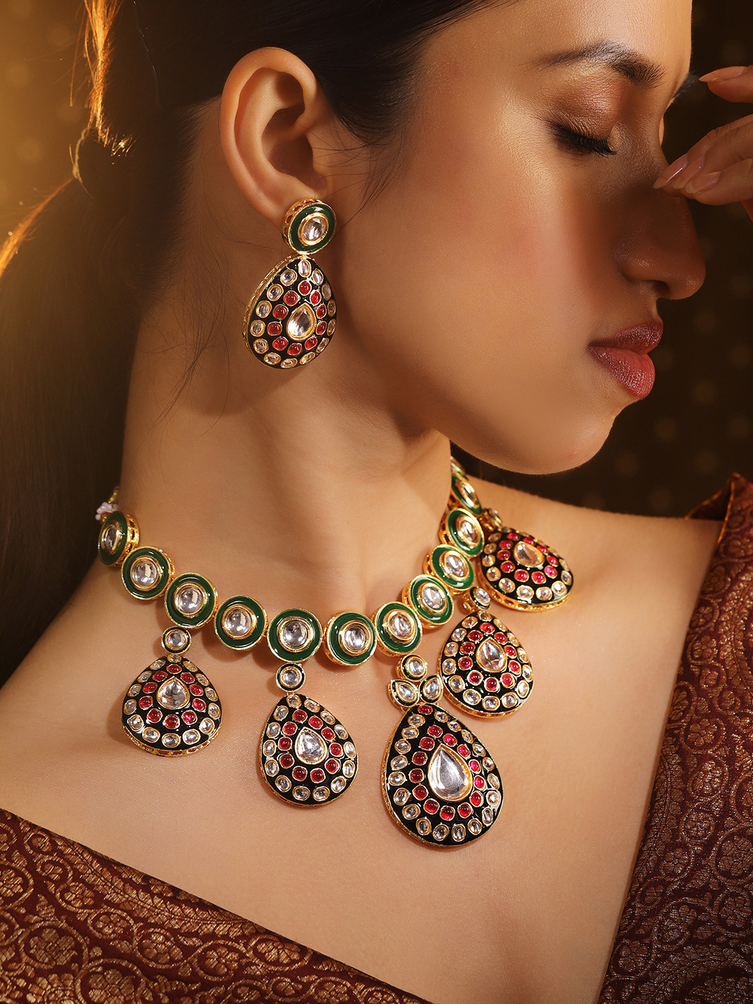 

Rubans 24K Gold-Plated Green & Black Enamel Border Ruby Pink & White Kundan Necklace Set