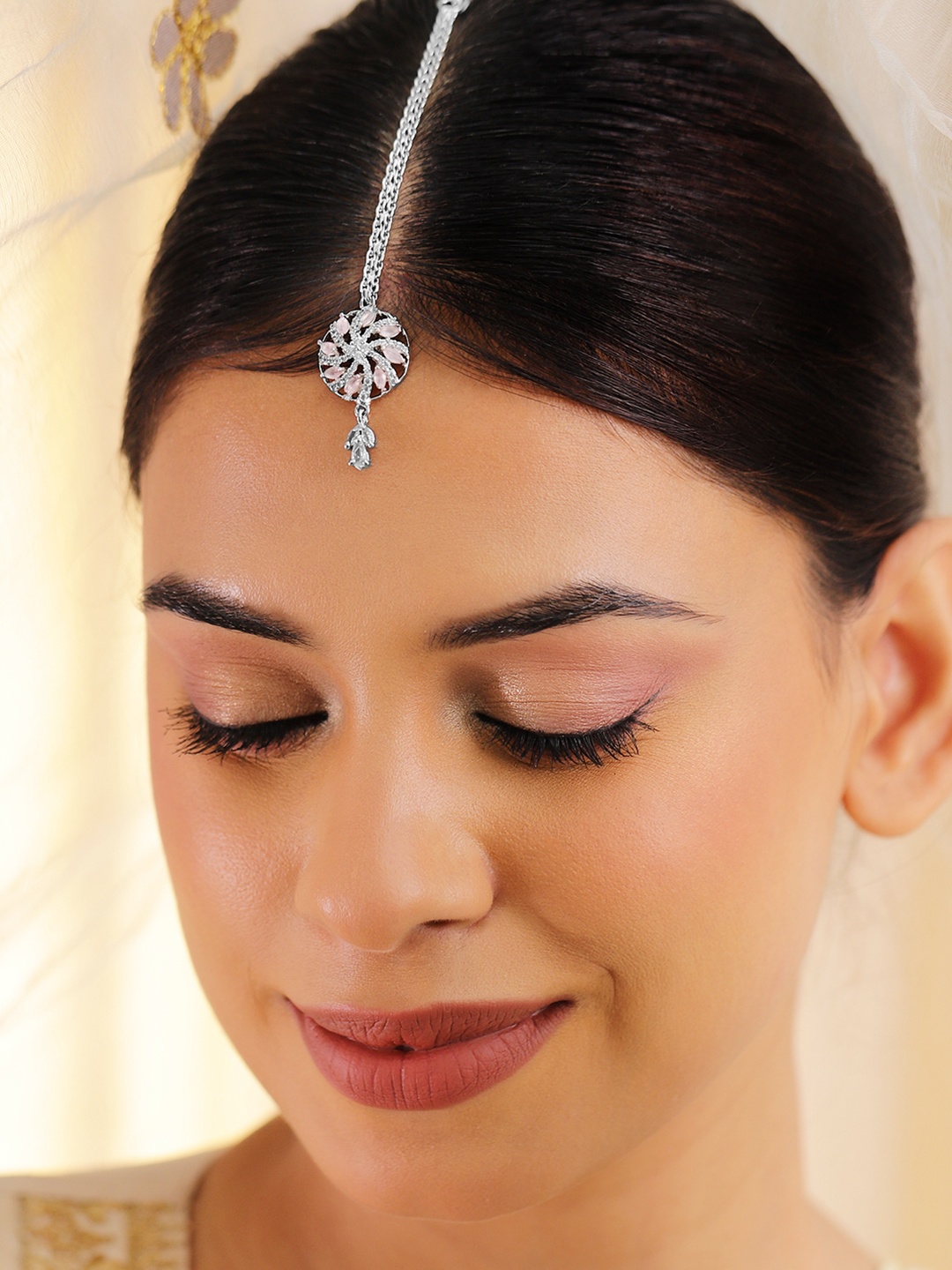 

Rubans Rhodium-Plated Pink & White CZ Studded Handcrafted Maang Tikka, Silver