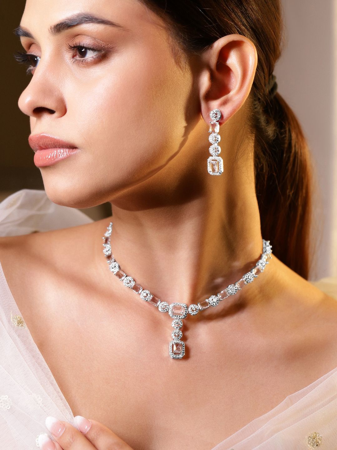 

Rubans Rhodium Plated Cubic Zirconia Studded Jewellery Set, Silver