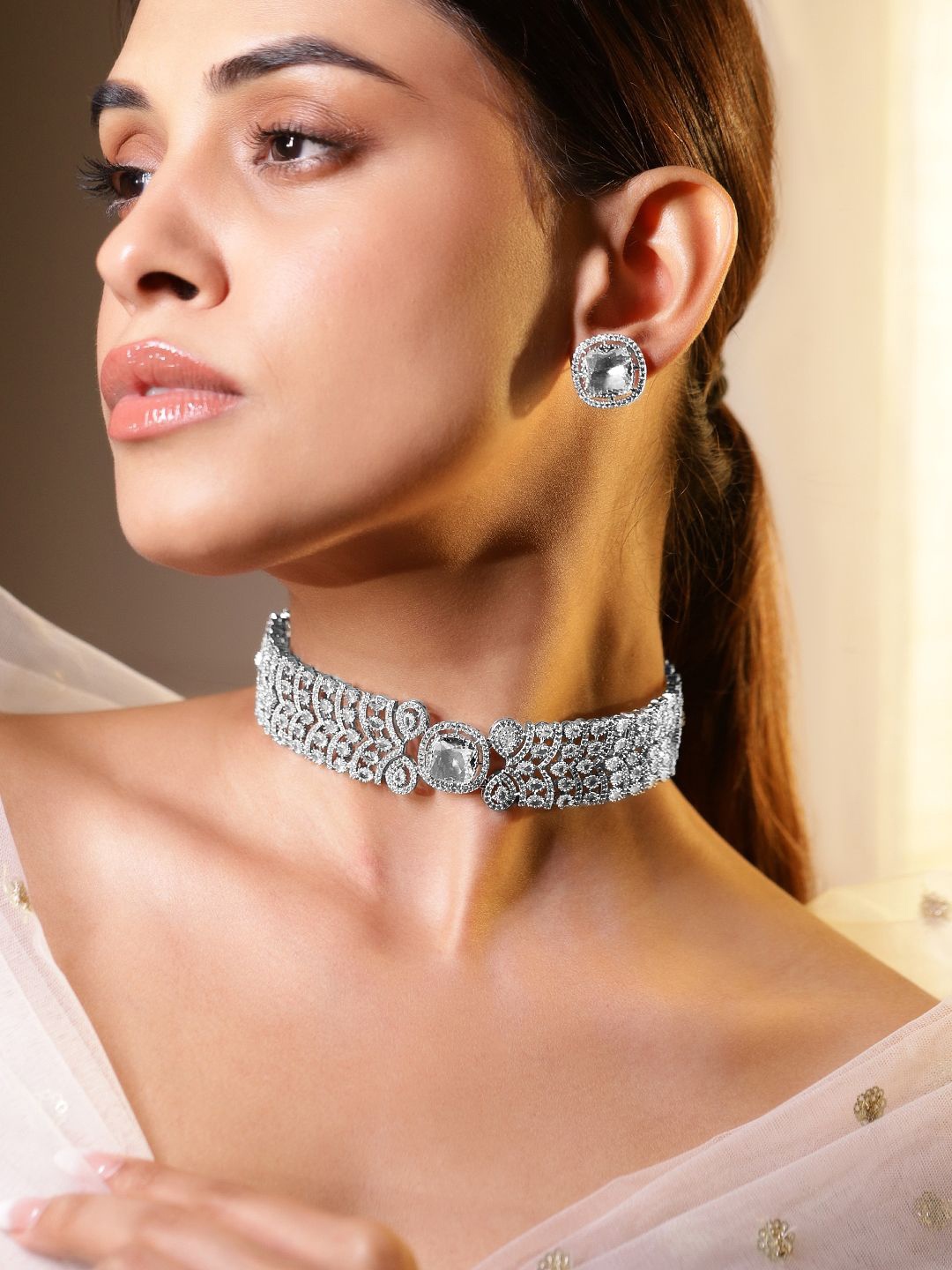 

Rubans Rhodium-Plated Cubic Zirconia-Studded Choker Jewellery Set, Silver