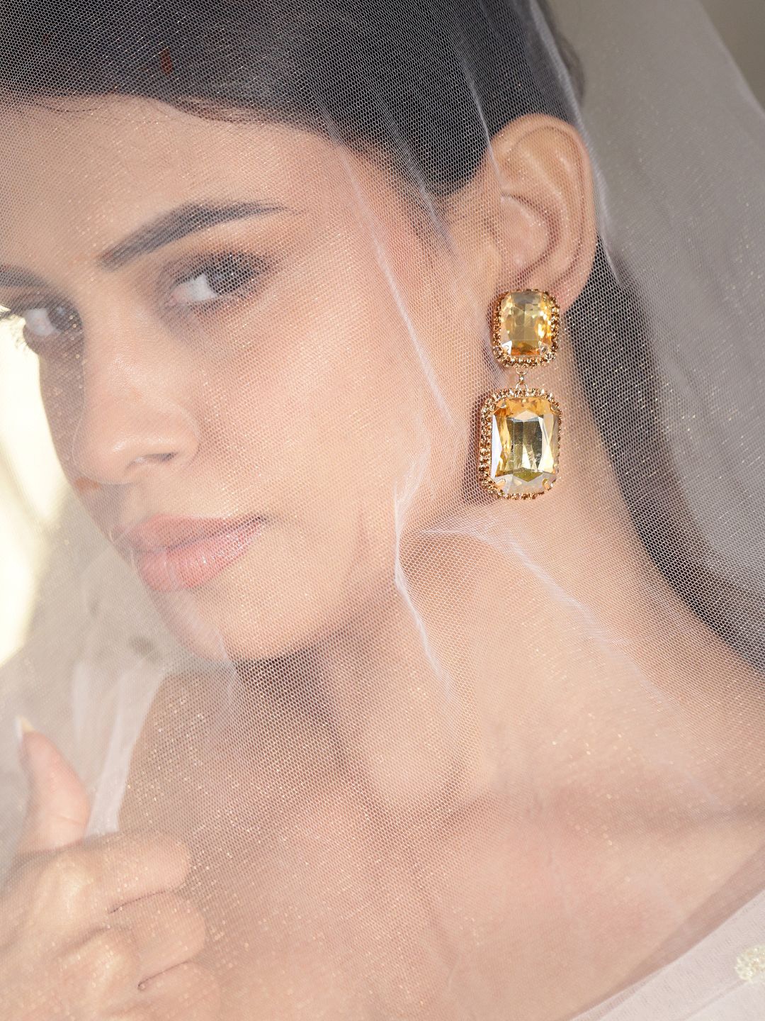 

Rubans 18K Gold-Plated Cubic Zirconia Studded Square Shaped Drop Earrings
