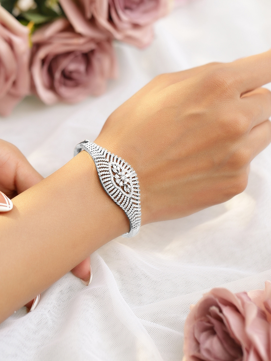 

Rubans Rhodium Plated Cubic Zirconia Cuff Bracelet, Silver