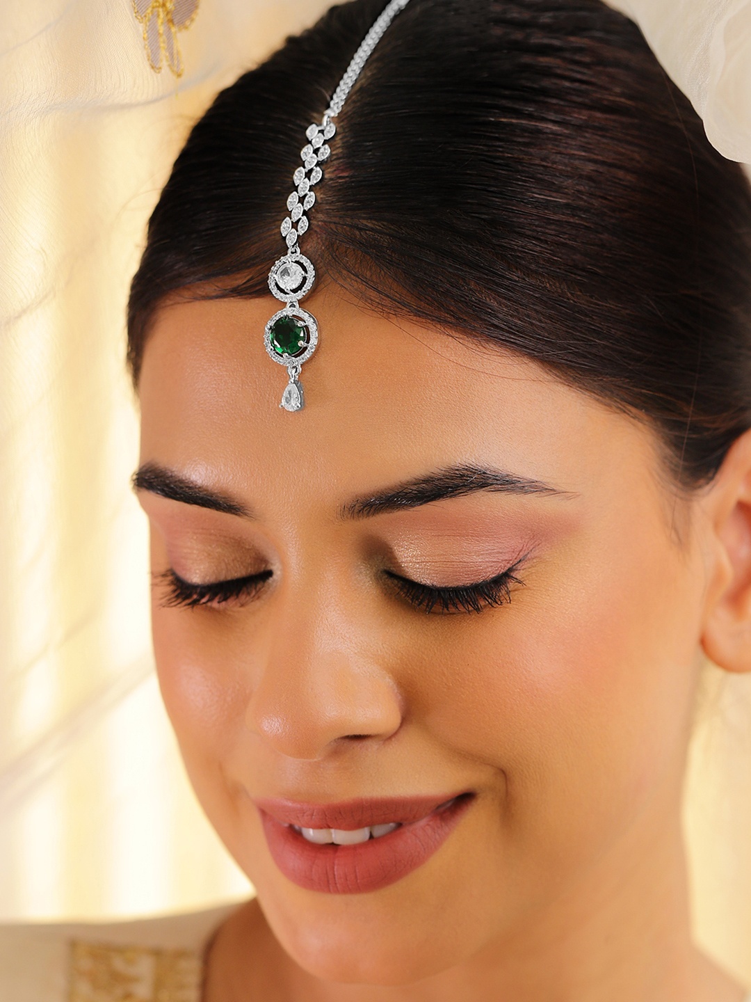 

Rubans Rhodium-Plated Cubic Zirconia Studded Maang Tikka Head Jewellery, Silver