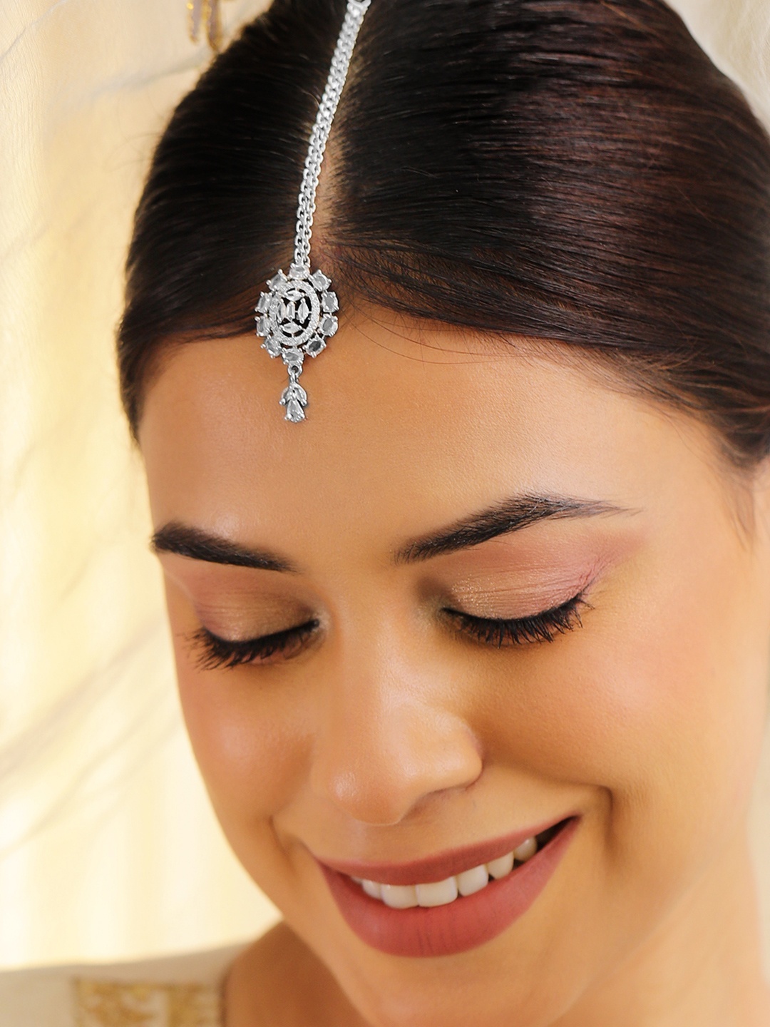 

Rubans Rhodium-Plated Cubic Zirconia Studded Maang Tikka Head Jewellery, Silver