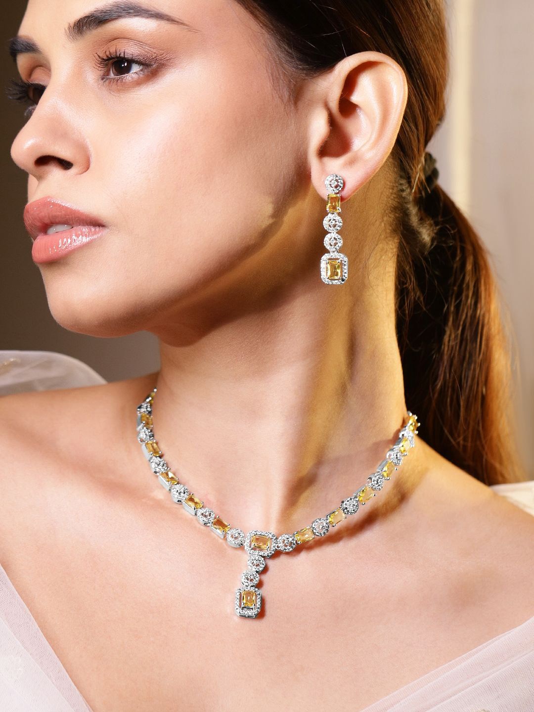 

Rubans Rhodium-Plated Cubic Zirconia Stone Studded Jewellery Set, Silver