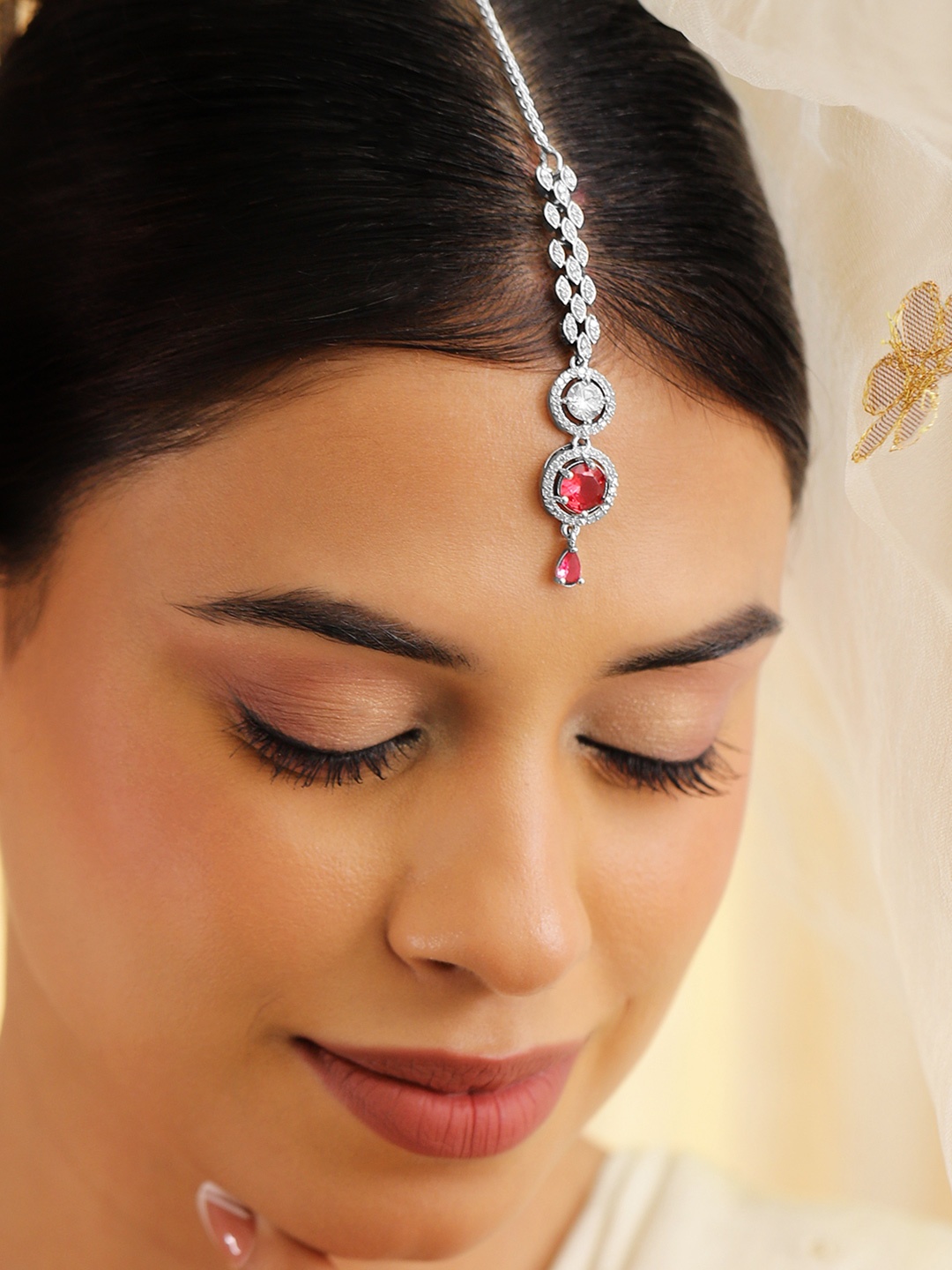 

Rubans Rhodium-Plated Cubic Zirconia Studded Maang Tikka Head Jewellery, Silver