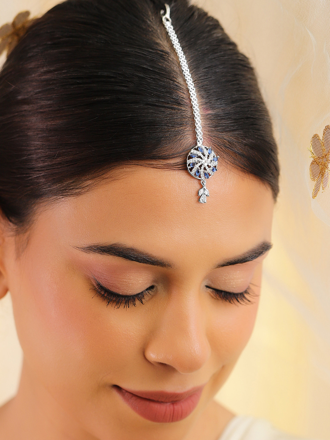 

Rubans Rhodium-Plated Blue & White Cubic Zirconia Studded Maang Tikka, Silver