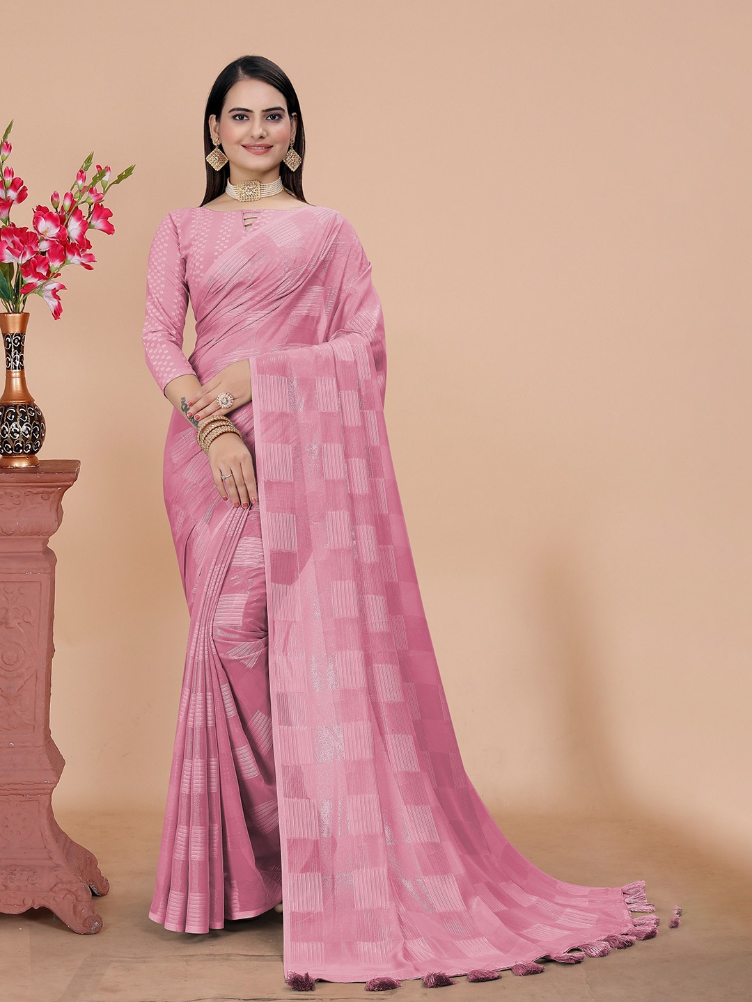 

K 5 Fashion Striped Embroidered Pure Georgette Saree, Peach