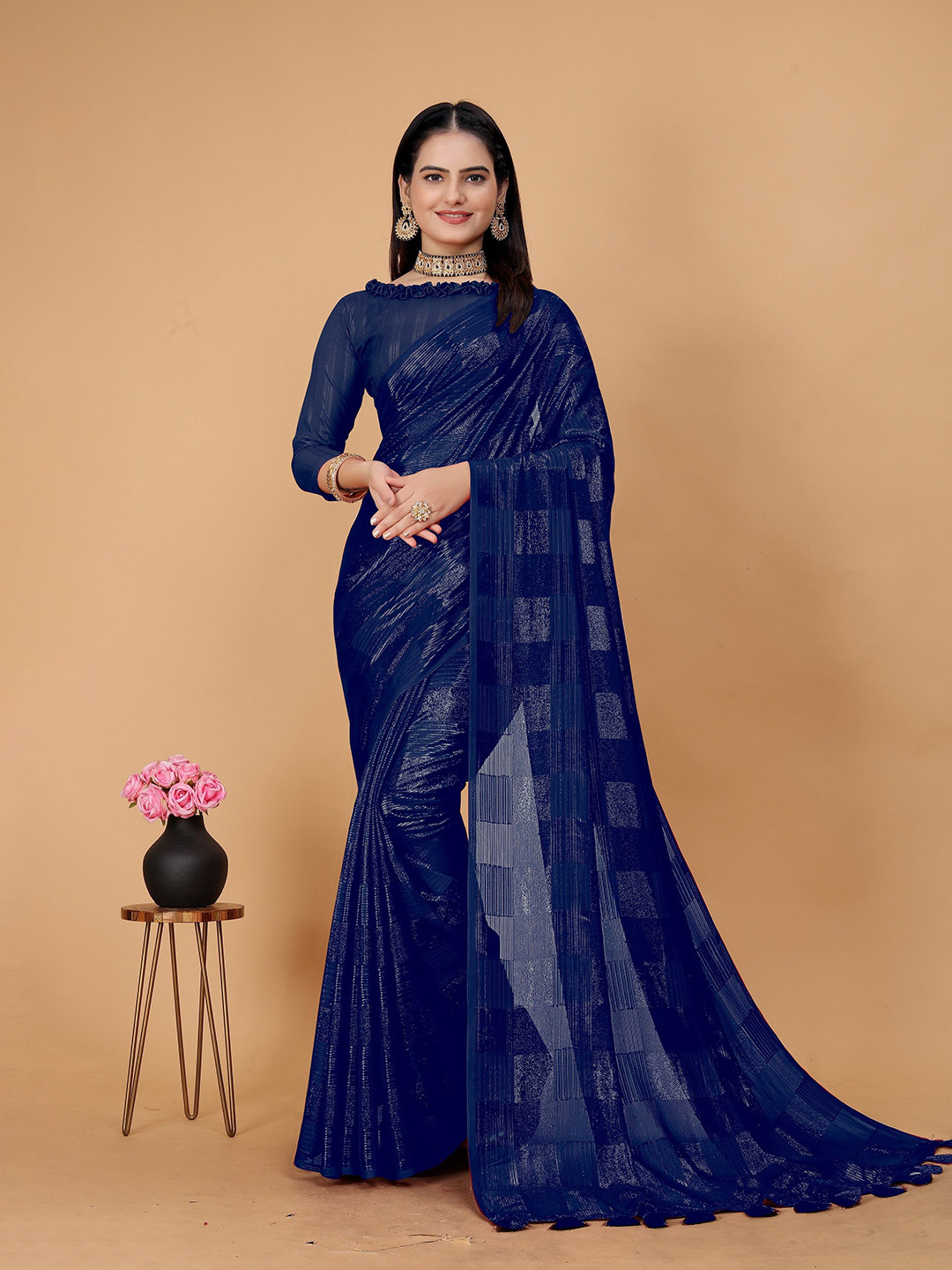 

K 5 Fashion Striped Embroidered Pure Georgette Saree, Navy blue