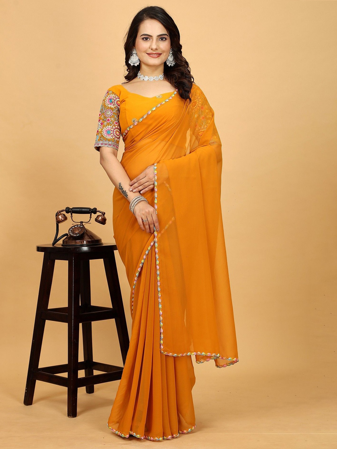 

K 5 Fashion Women Embroidered Pure Georgette Saree, Yellow