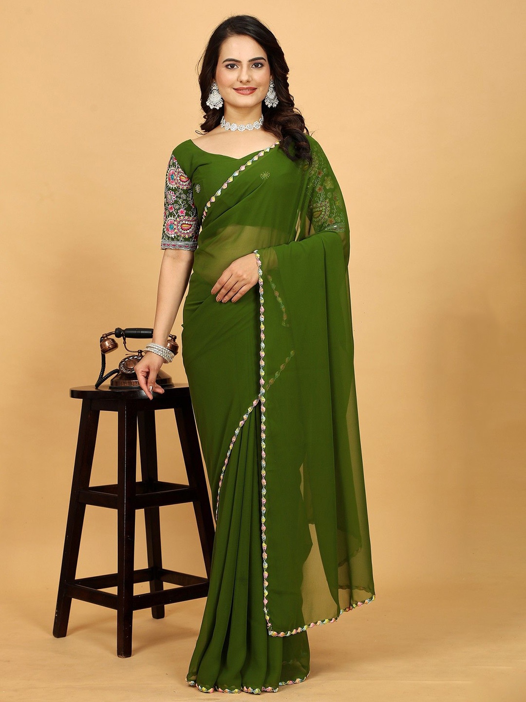 K 5 Fashion Gotta Patti Embroidered Pure Georgette Saree, Olive