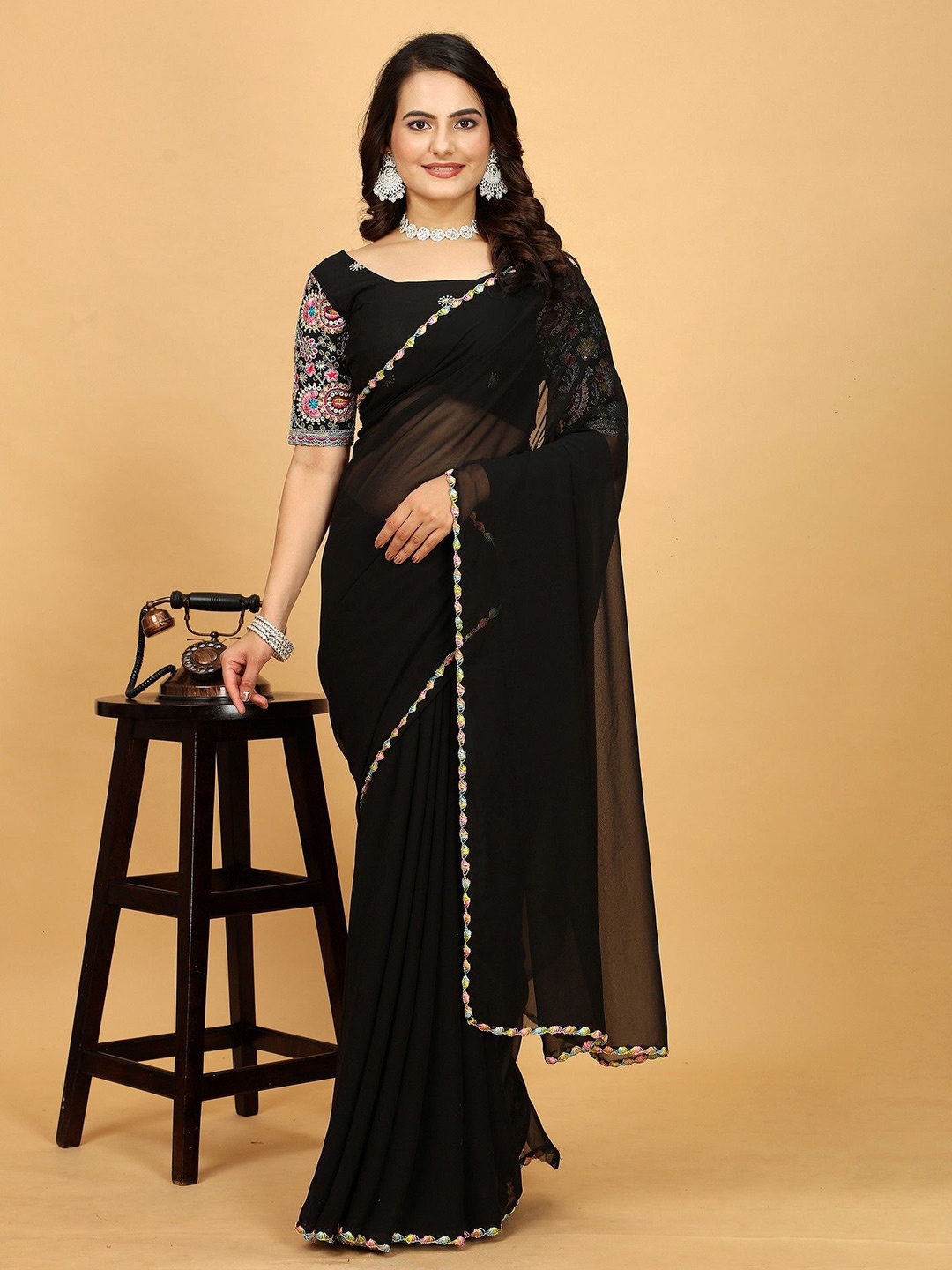 

K 5 Fashion Embroidered Pure Georgette Saree, Black