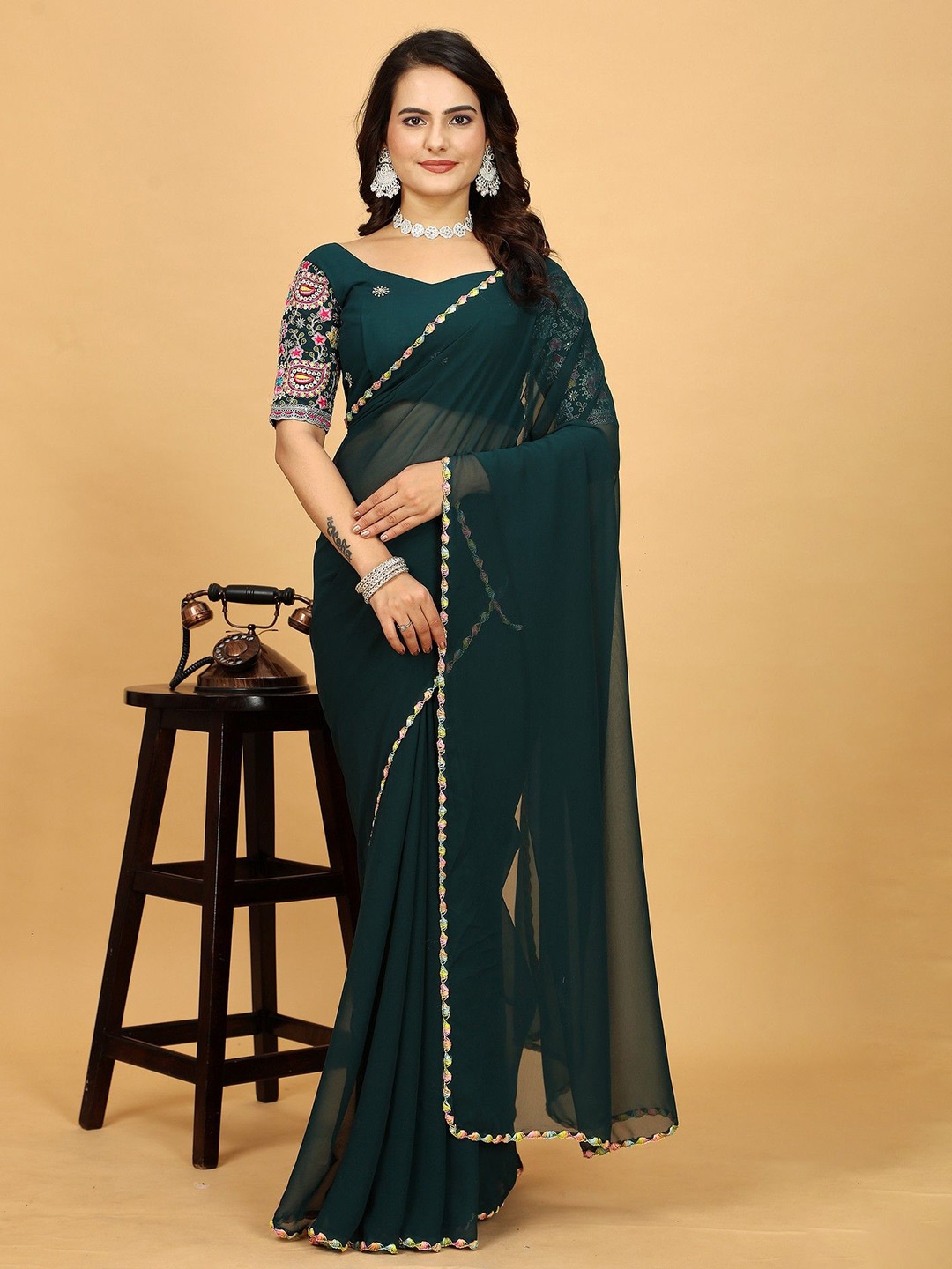 

K 5 Fashion Embroidered Pure Georgette Saree, Green