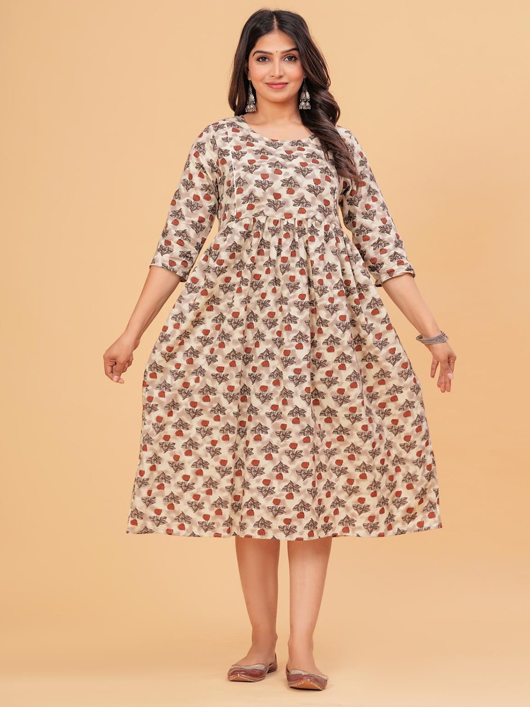 

yaltas Women Floral Printed Maternity Fit & Flare Dress, Beige