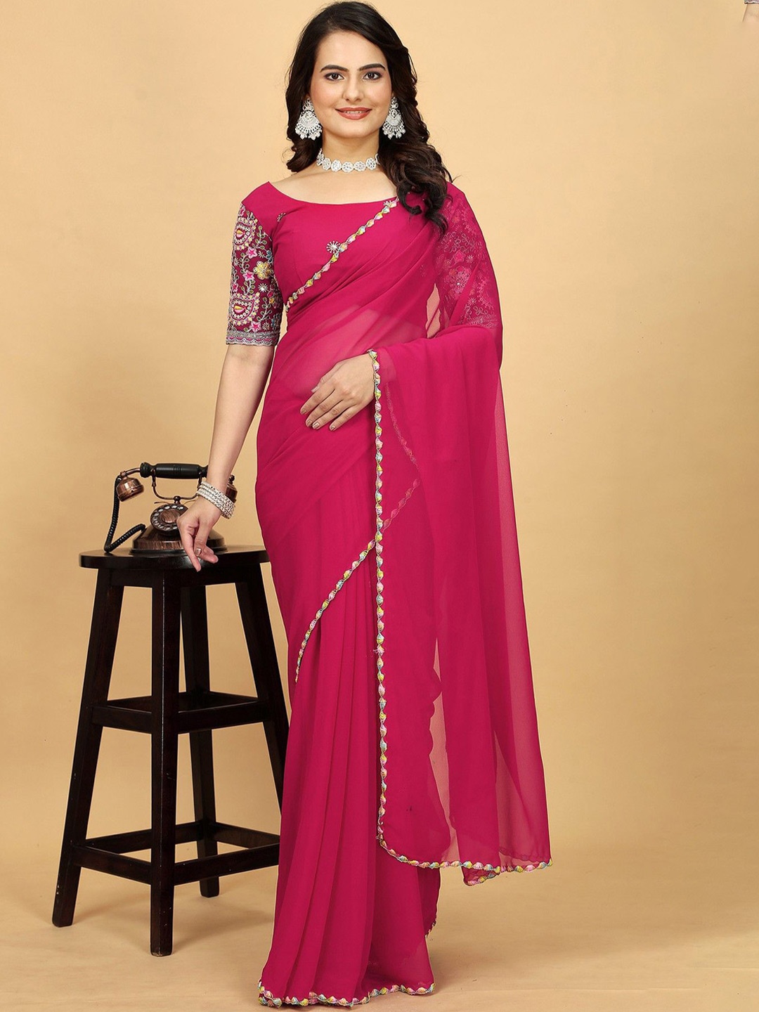 K 5 Fashion Women Embroidered Pure Georgette Saree, Pink