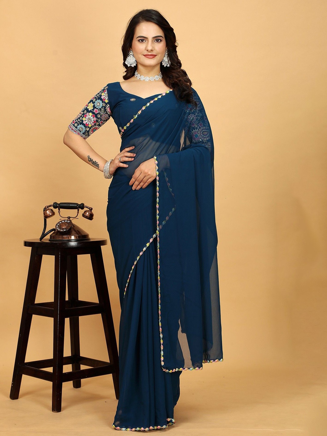 

K 5 Fashion Embroidered Pure Georgette Saree, Teal