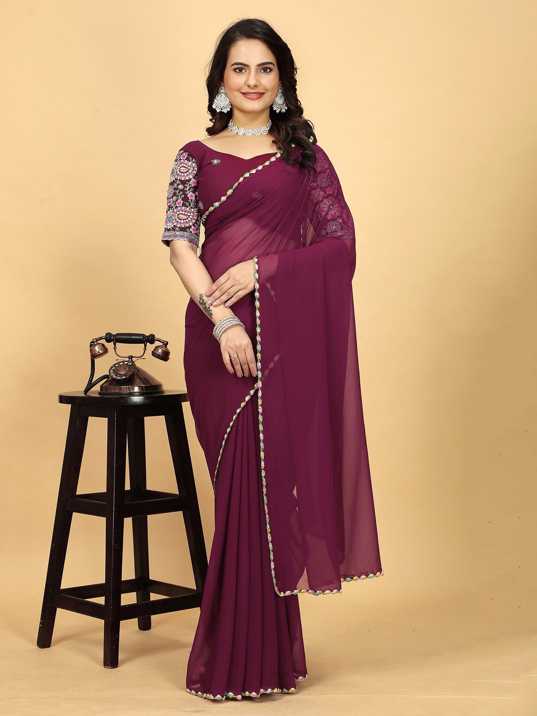 

K 5 Fashion Embroidered Pure Georgette Saree, Purple