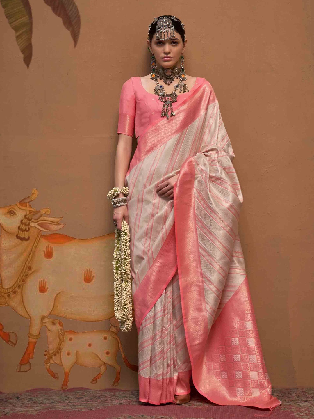 

Mitera Striped Woven Design Zari Saree, Cream