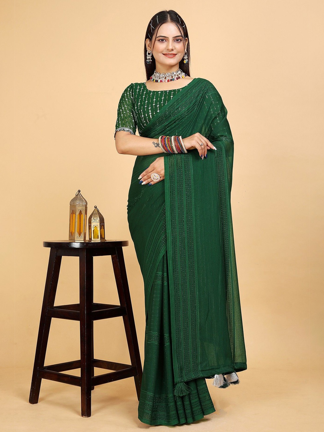 

K 5 Fashion Woven Design Striped Embroidered Saree, Green