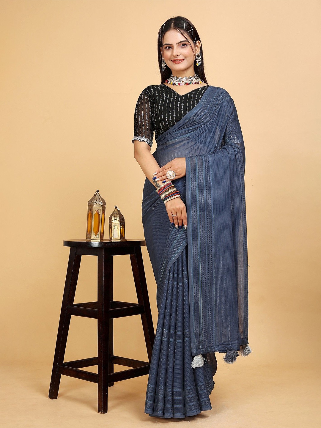 

K 5 Fashion Striped Embroidered Saree, Grey