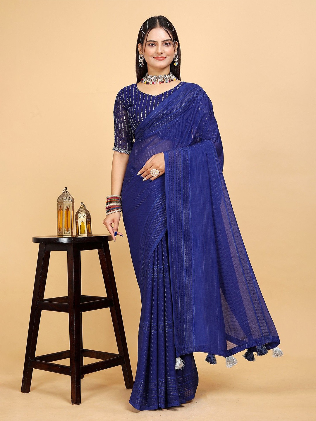 K 5 Fashion Striped Mukaish Poly Chiffon Saree, Blue