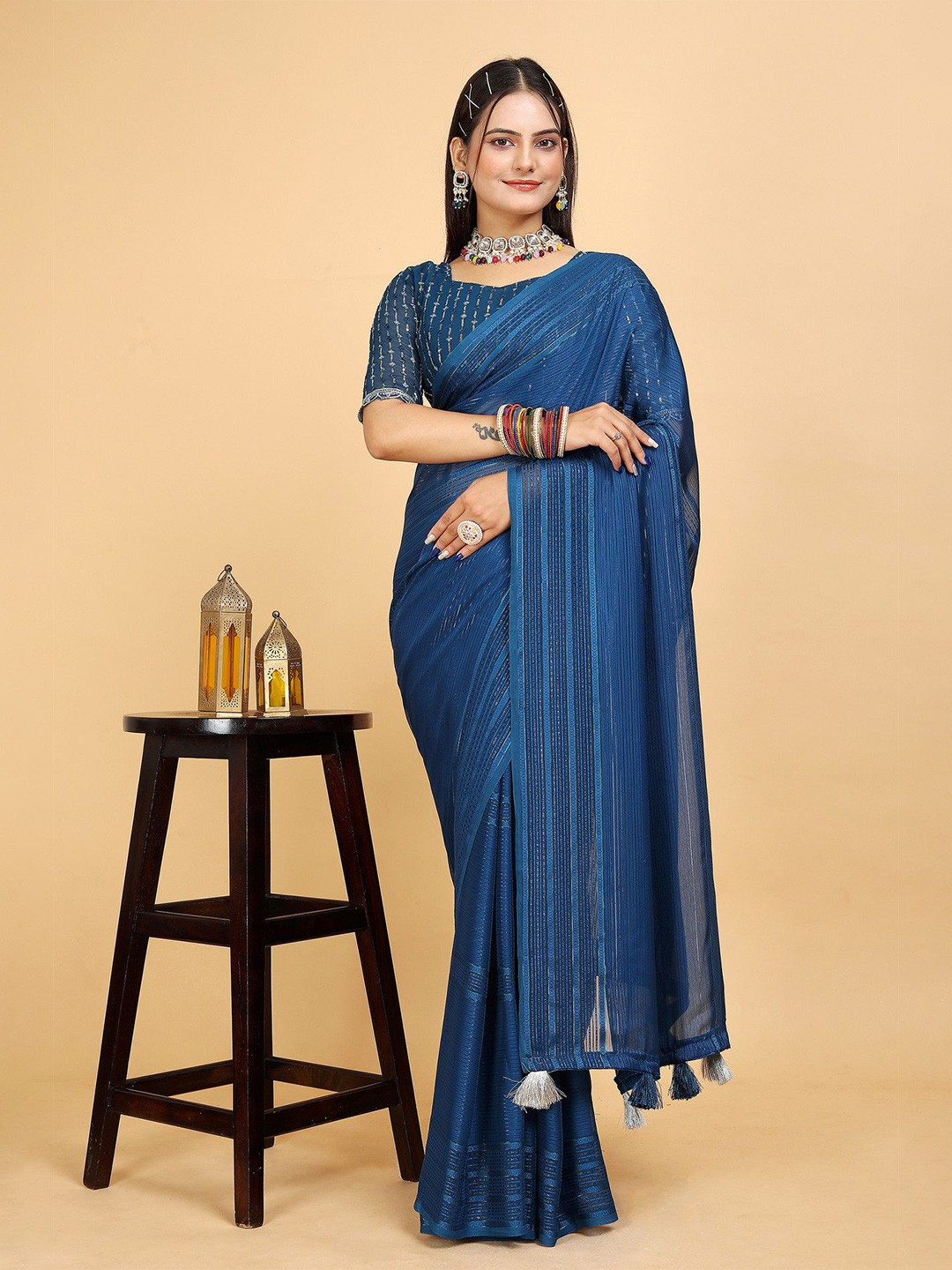 

K 5 Fashion Striped Embroidered Saree, Navy blue