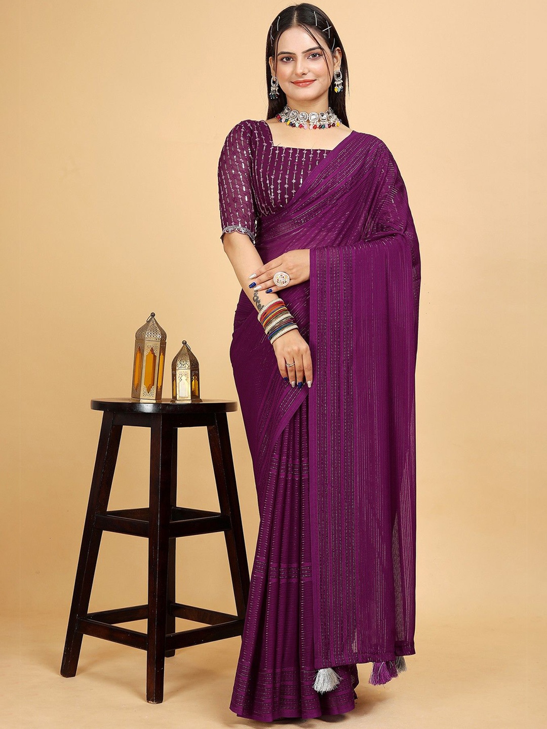 

K 5 Fashion Striped Embroidered Saree, Purple