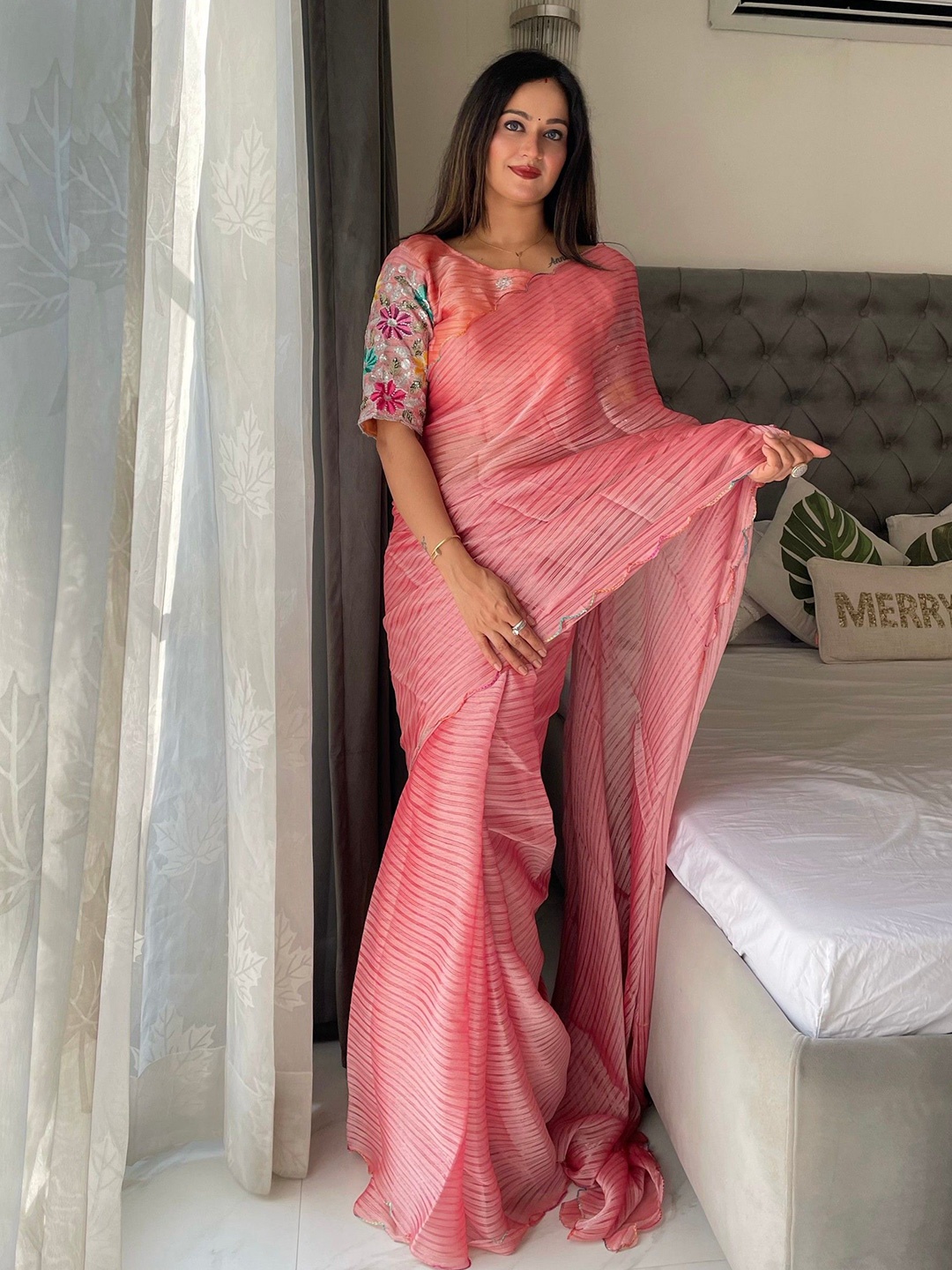 

K 5 Fashion Embroidered Pure Chiffon Saree, Orange
