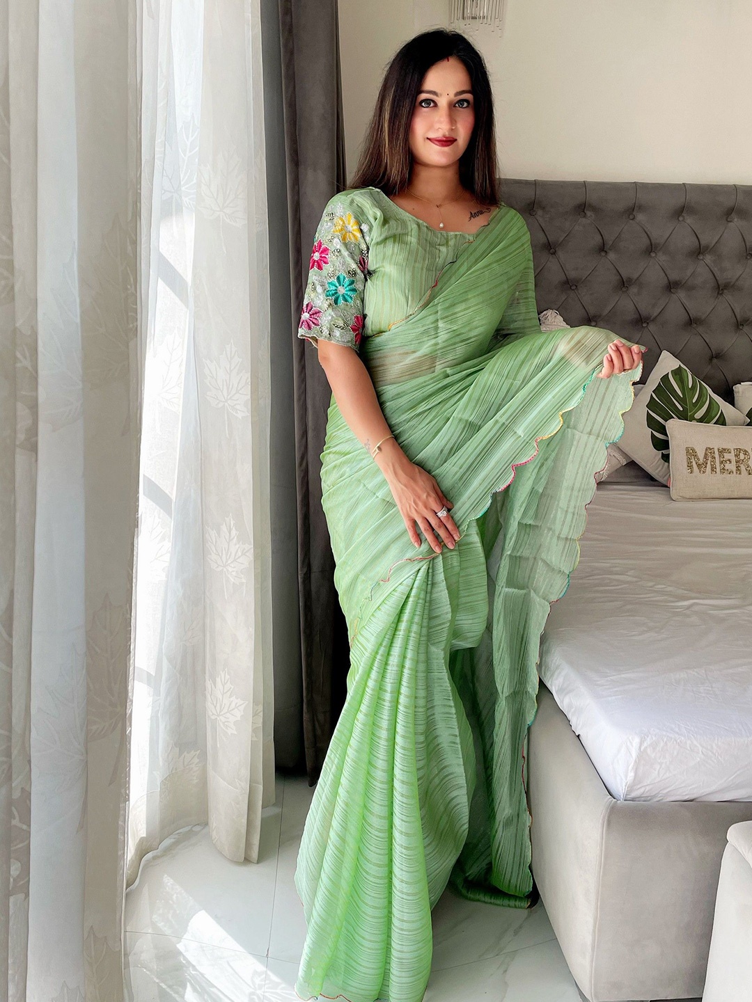 

K 5 Fashion Striped Embroidered Pure Chiffon Saree, Green