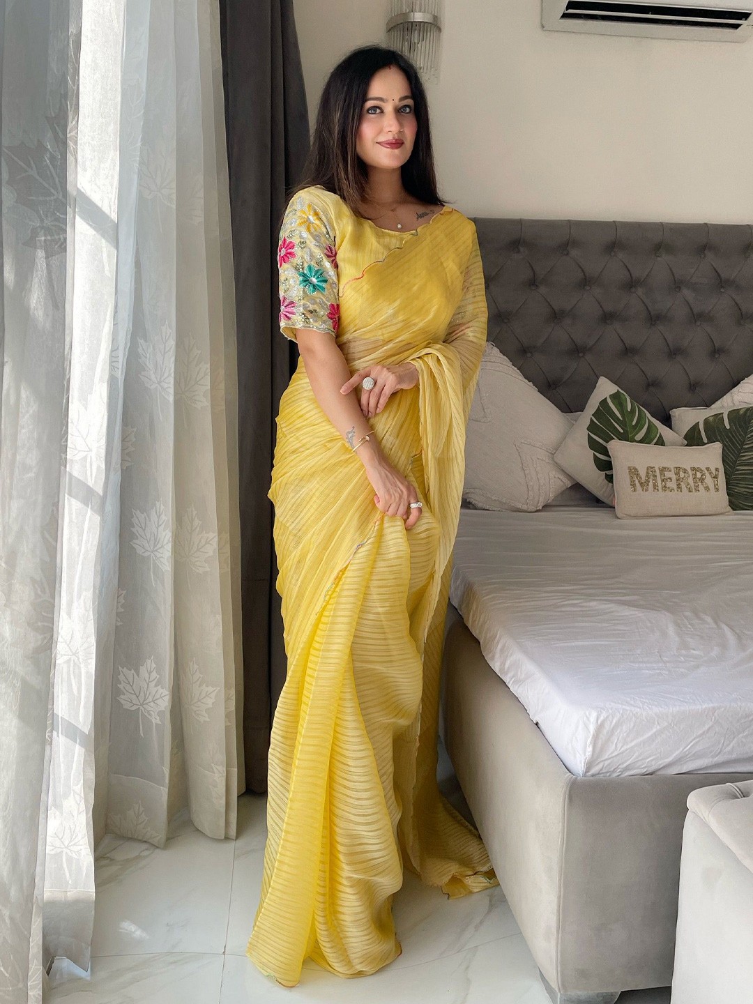 

K 5 Fashion Striped Embroidered Pure Chiffon Saree, Yellow