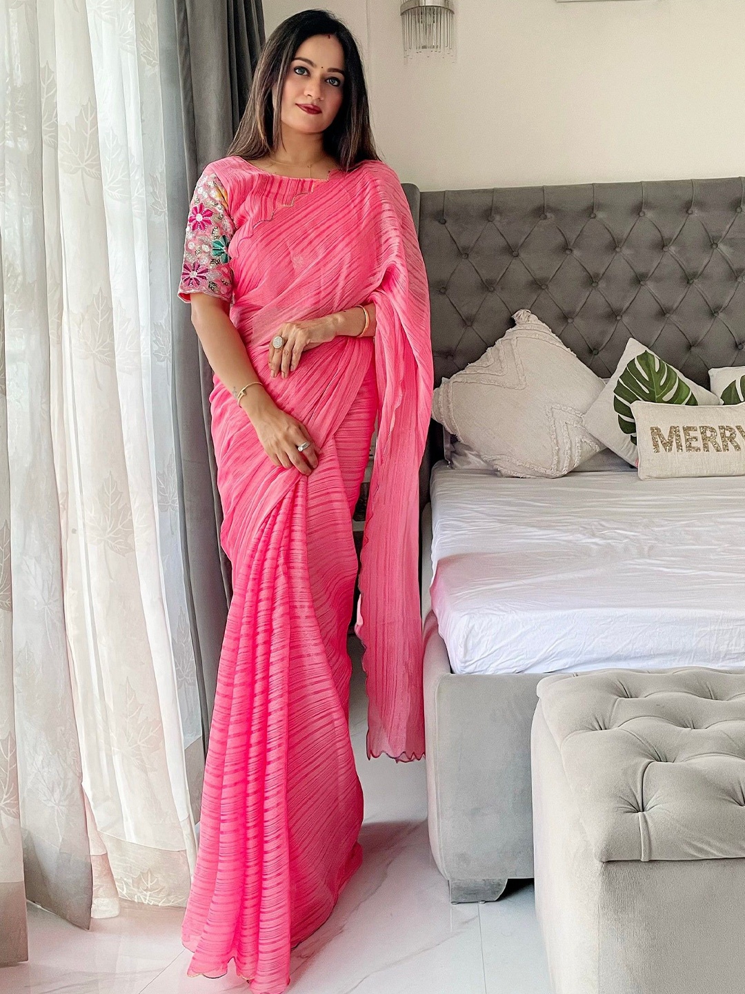 K 5 Fashion Striped Embroidered Pure Chiffon Saree, Peach