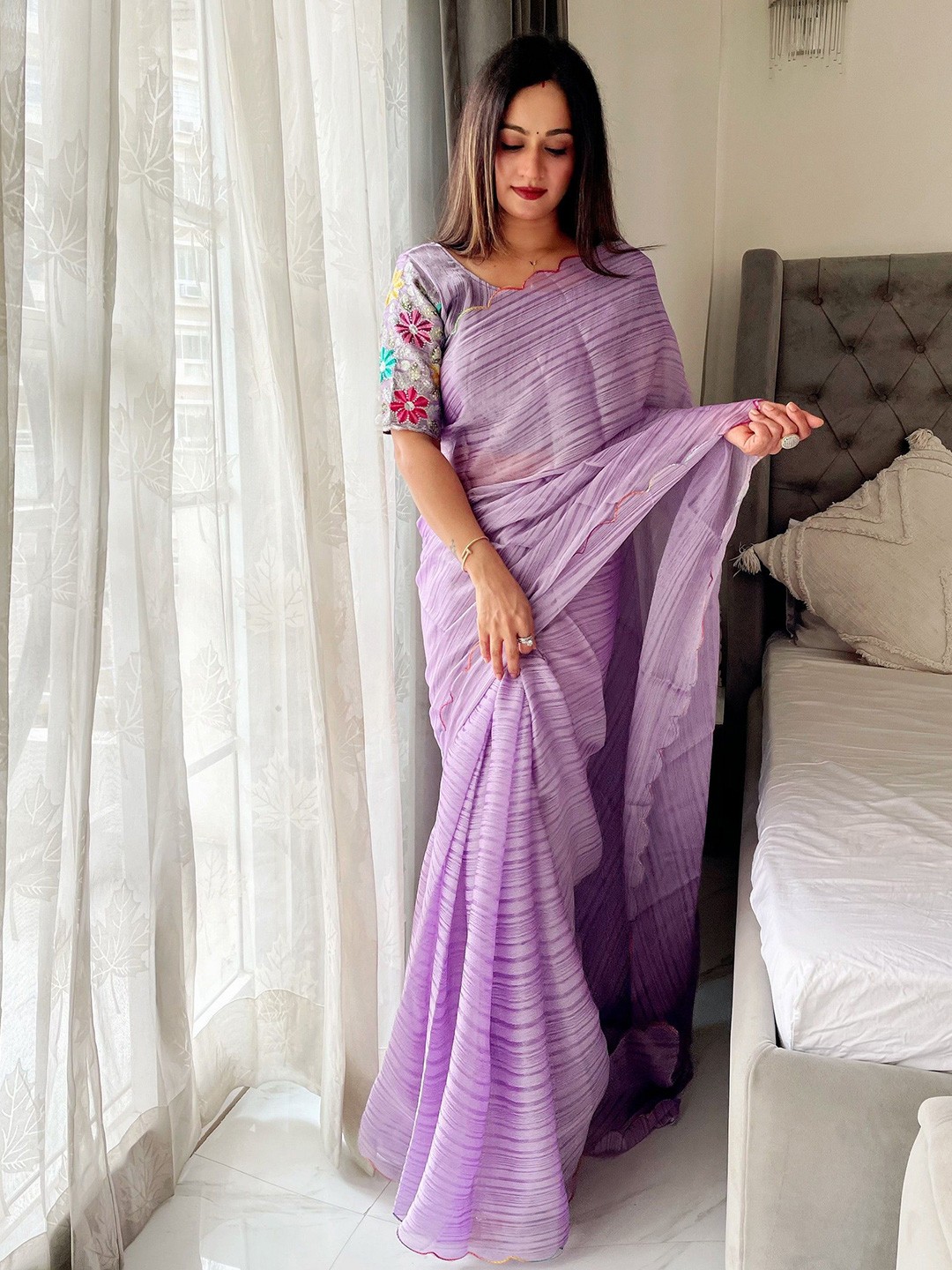 

K 5 Fashion Striped Embroidered Pure Chiffon Saree, Lavender