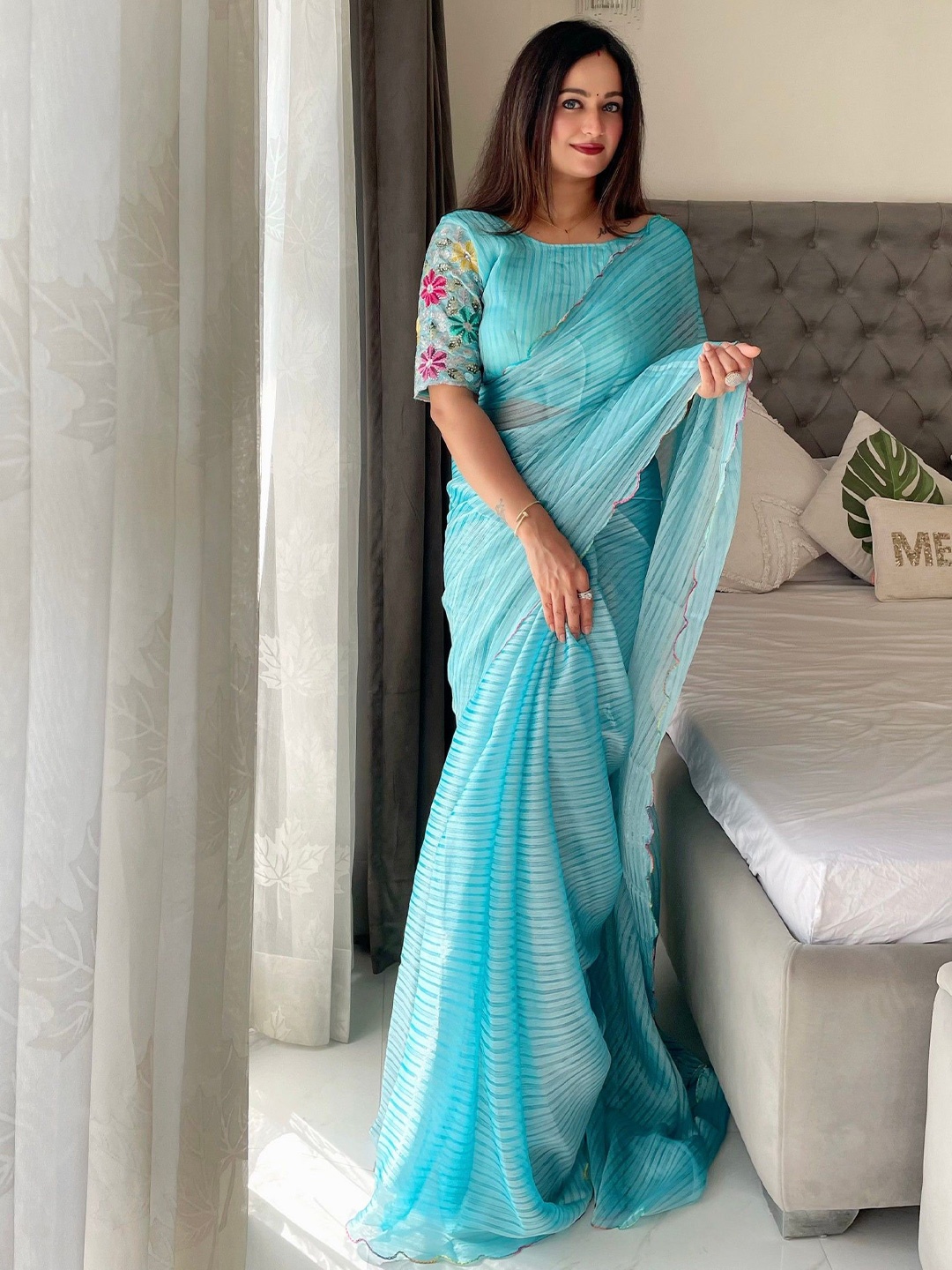 K 5 Fashion Striped Embroidered Pure Chiffon Saree, Blue
