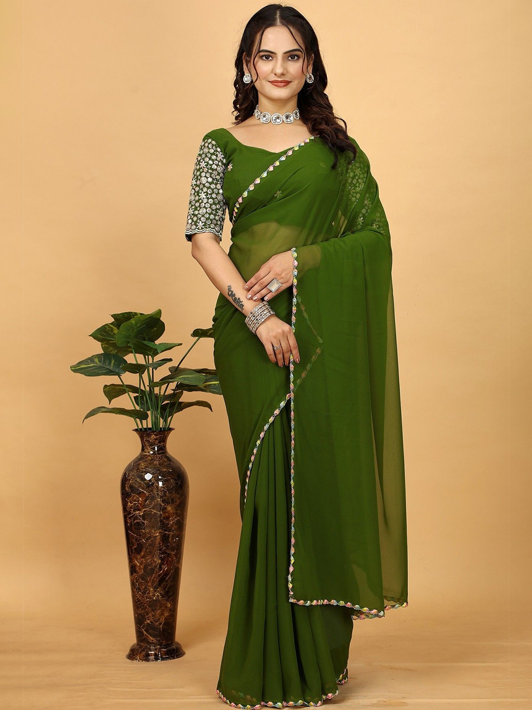 

K 5 Fashion Embroidered Pure Georgette Saree, Olive