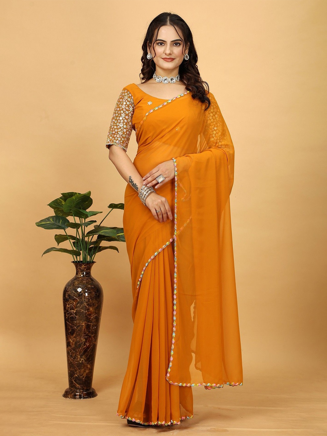 

K 5 Fashion Embroidered Pure Georgette Saree, Yellow