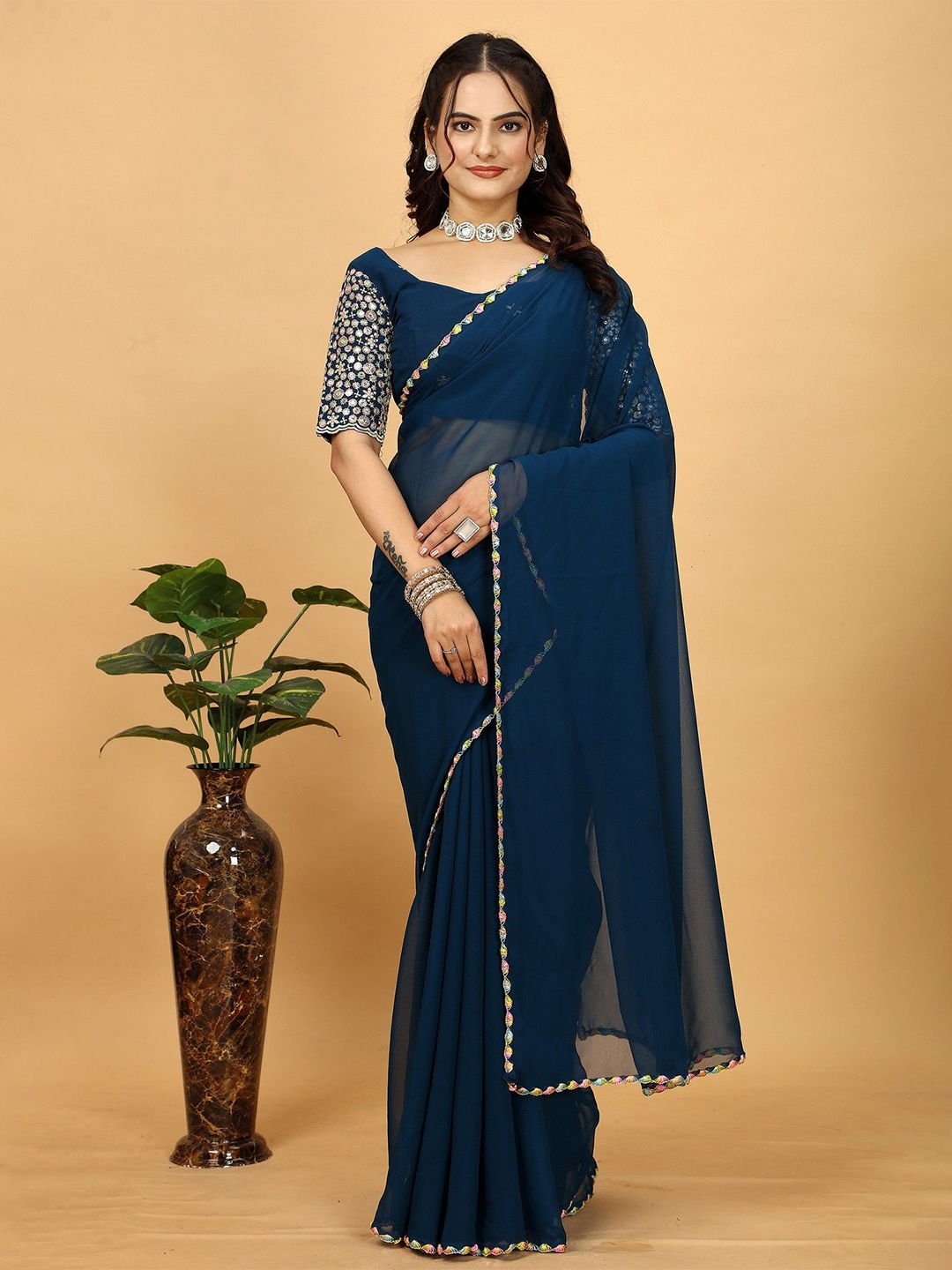 K 5 Fashion Women Embroidered Saree, Teal