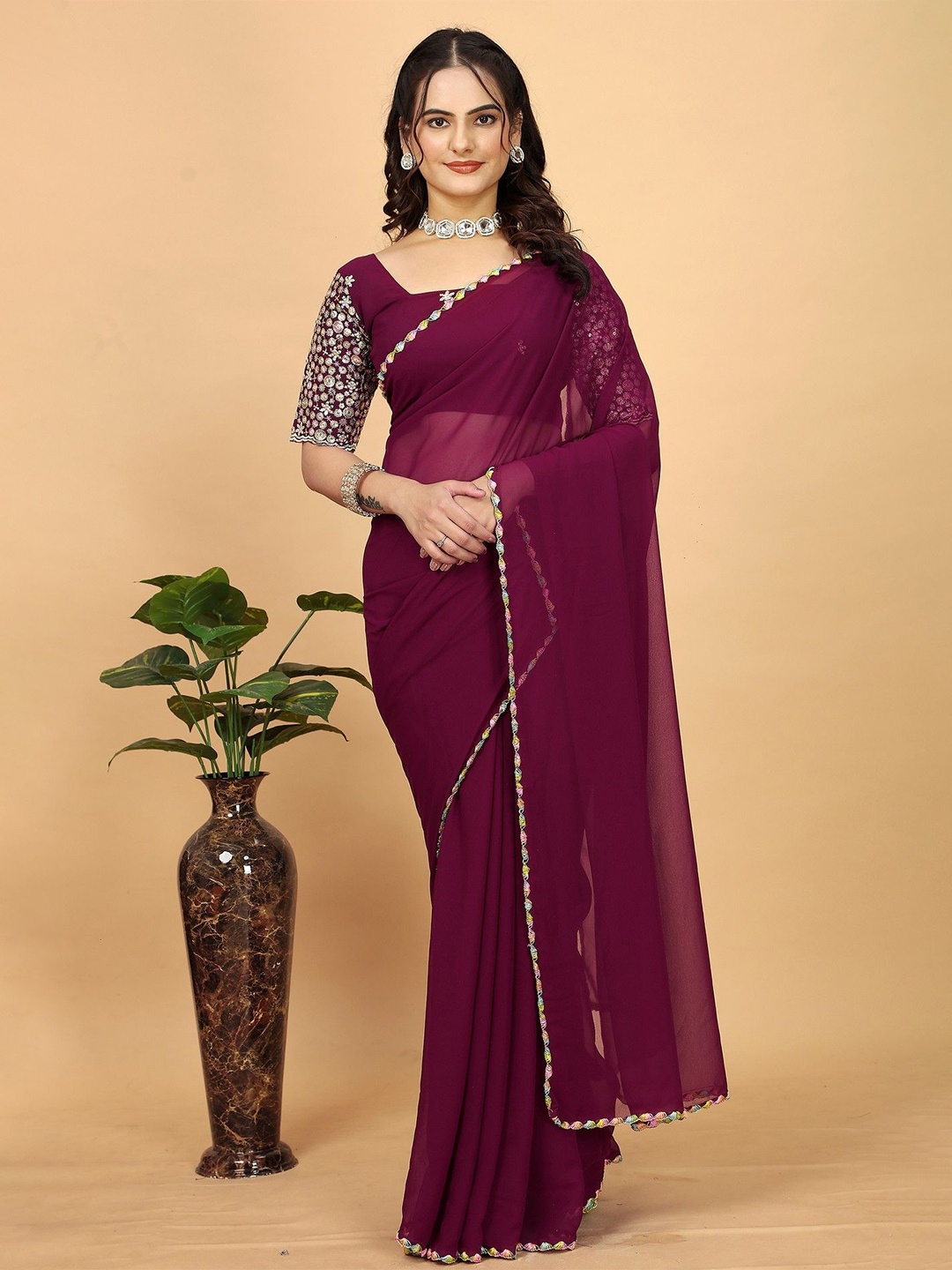 

K 5 Fashion Pure Georgette Saree With Blouse Piece, Purple