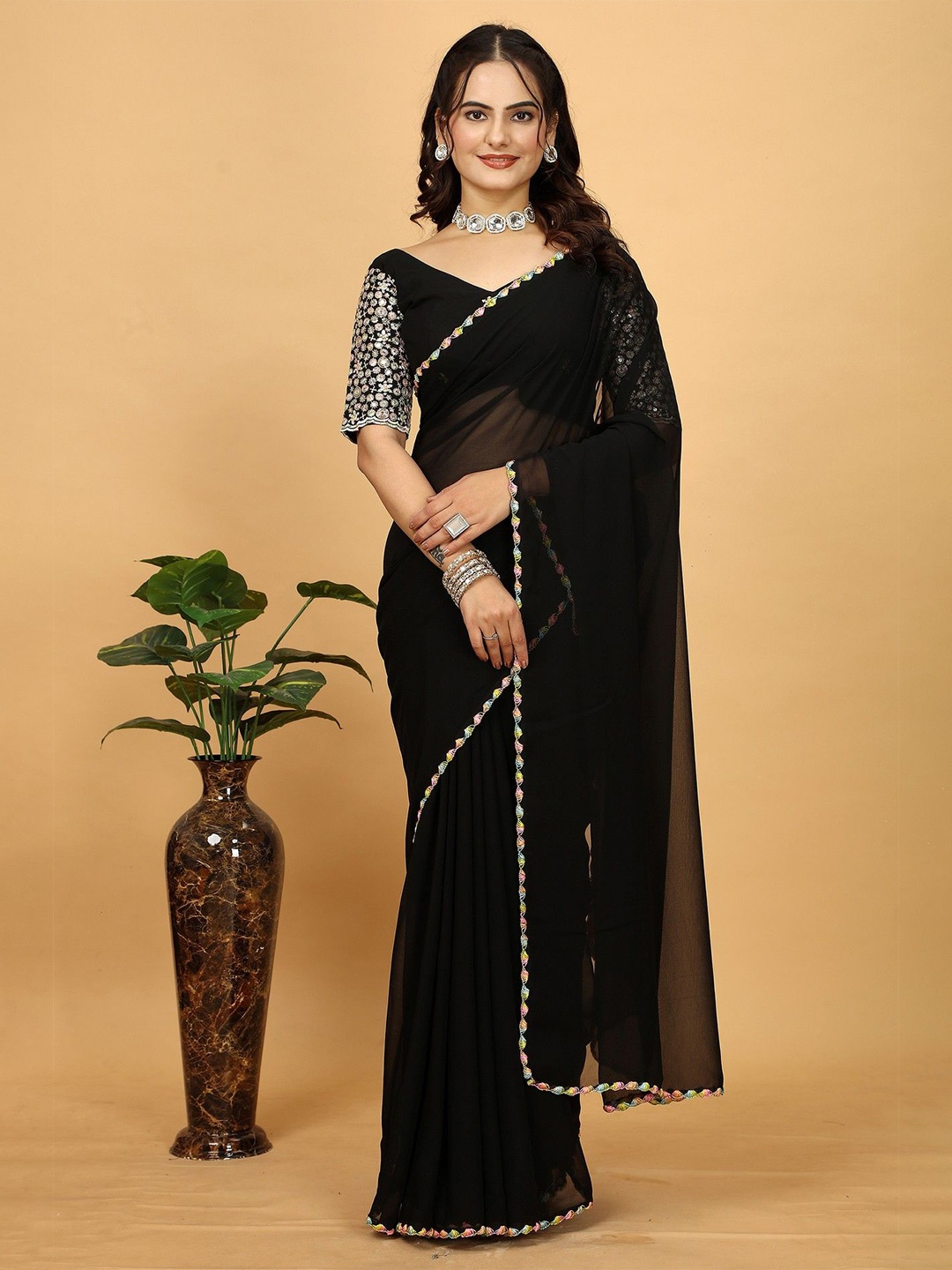 

K 5 Fashion Embroidered Pure Georgette Saree, Black