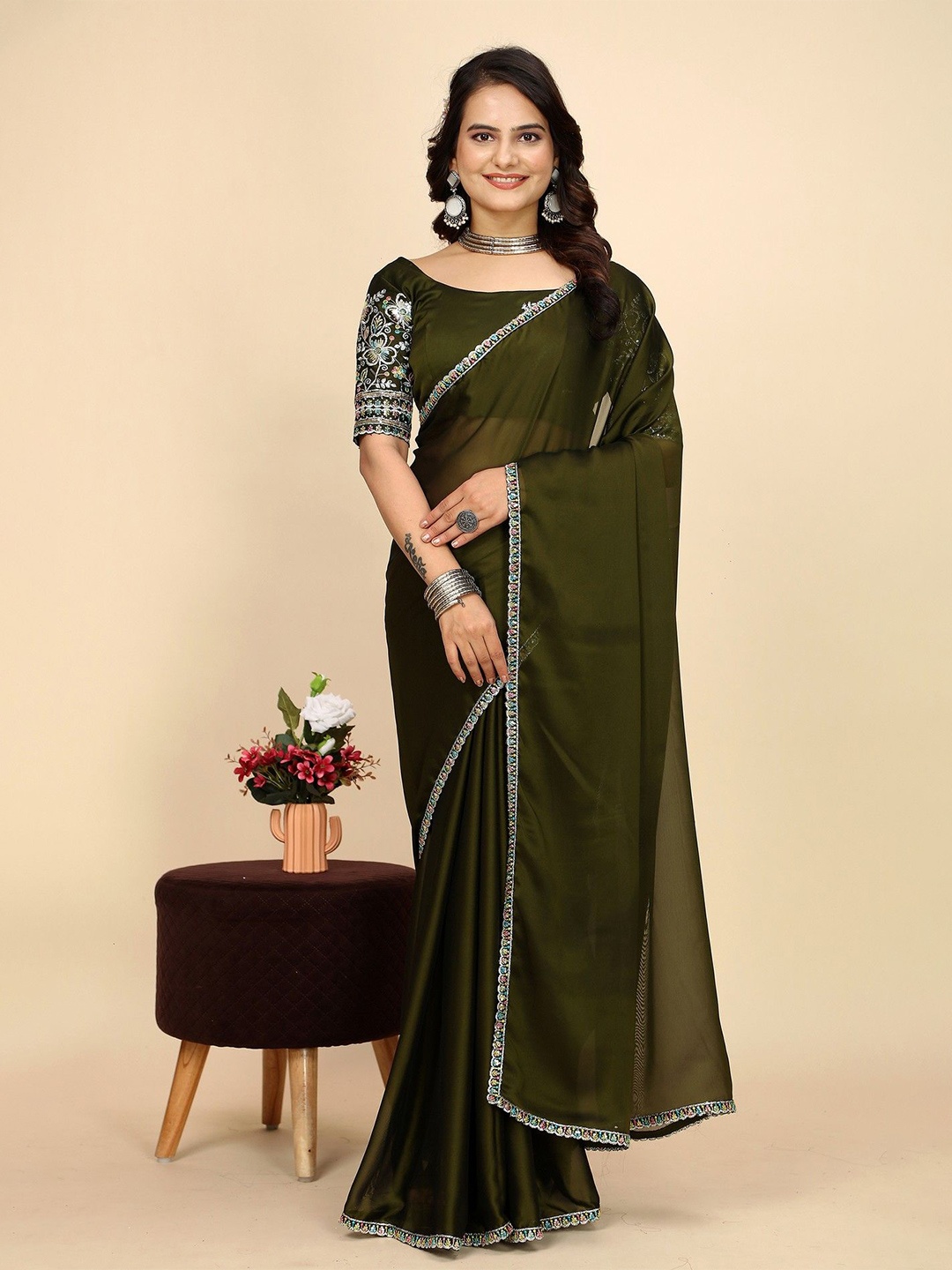

K 5 Fashion Embroidered Pure Chiffon Saree, Olive